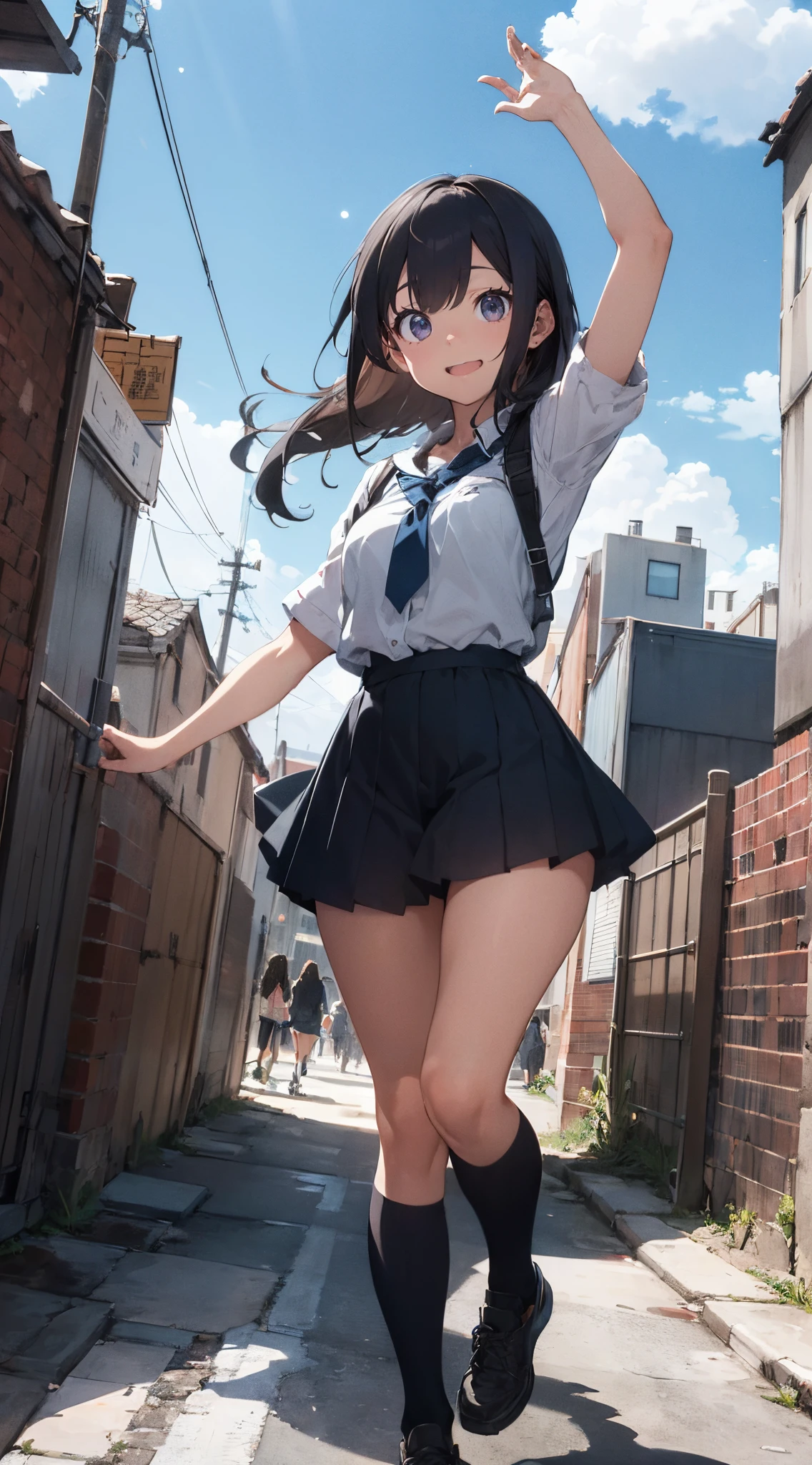 very cute and beautiful girl,(highly detailed beautiful face and eyes:1.2), huge breasts, (sailor school uniform), (navy blue pleated mini skirt:1.15), (looking back, from behind),leaning forward, from below, (white panties, lift skirt, pantie shot, blush,) (town overview), detailed landscape, black hair,(best quality,masterpiece:1.2),intricate details, extremely detailed,8k resolution, solo, natural lighting, hair fluttering in the wind,