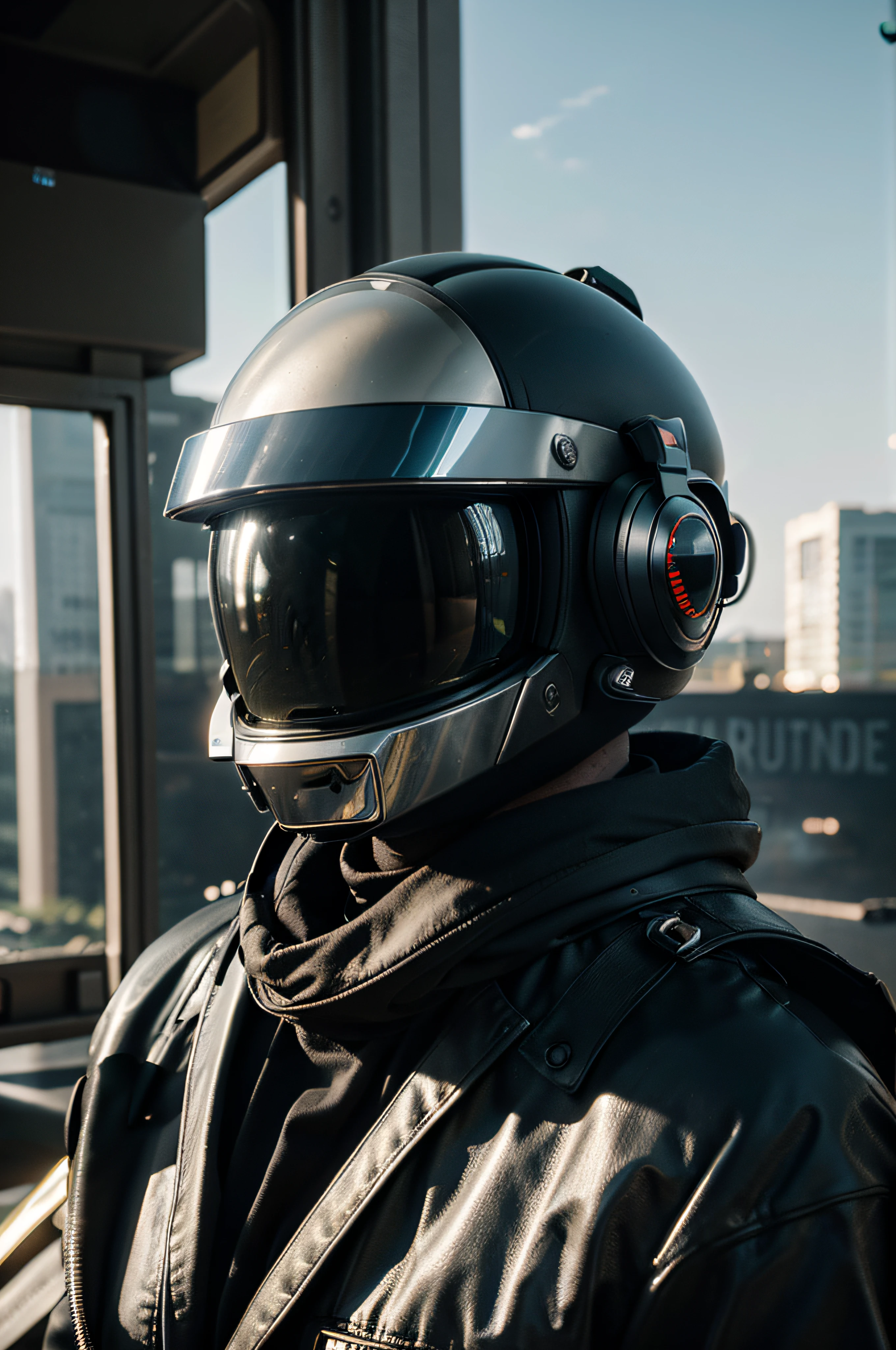 a detailed realistic MID_SHOT of Daft punk , perfect eyes, best quality, extremely sharp focus face, analog fine film grain, post-apocalyptic, cinematic, realistic, trending art station, helicopter, focus, studio photo, details, highly Rutkowski, intricate, busy, raw, 4k, 8k, isometric, digital smog, 3d render, octane volumetr