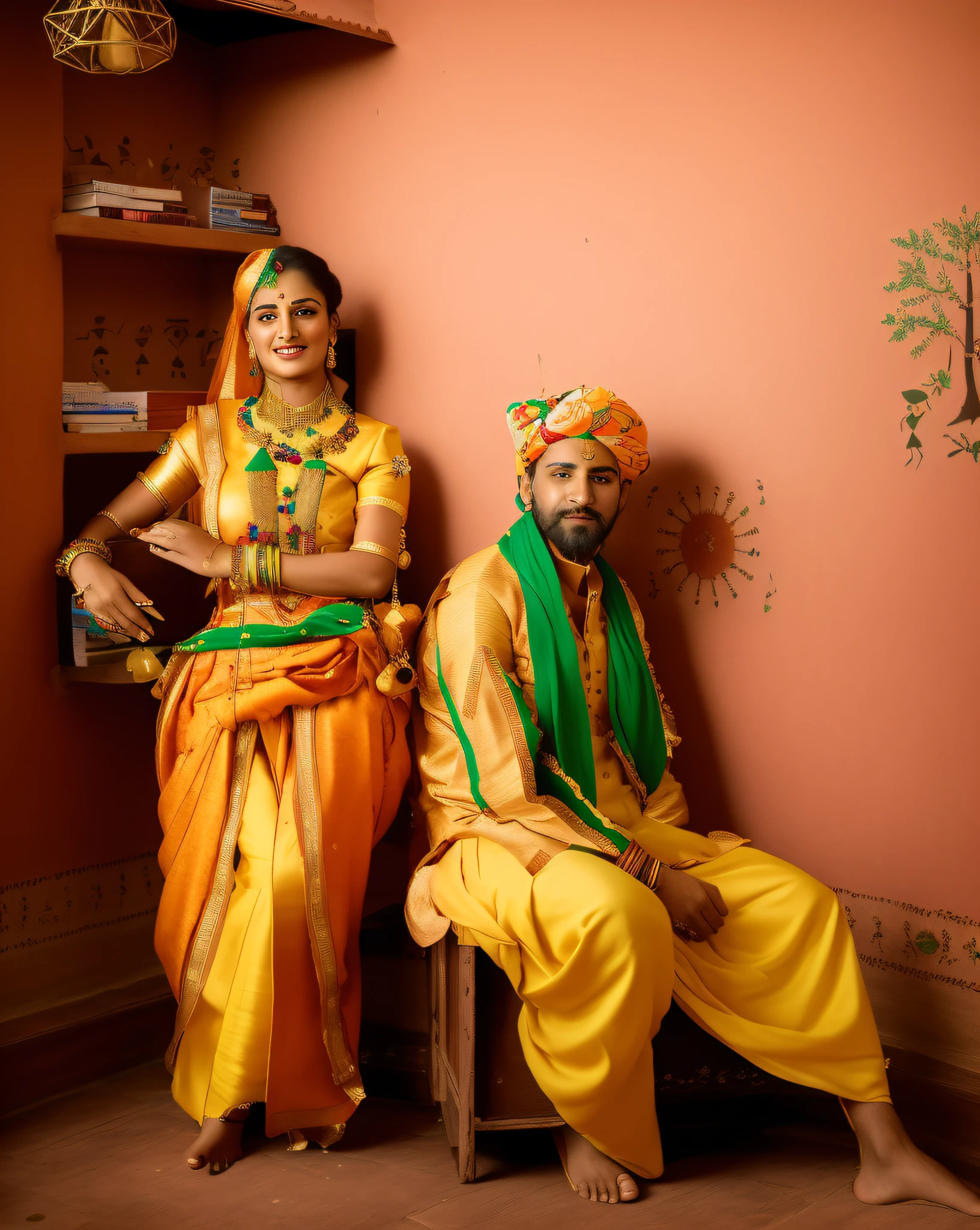 there are two people sitting in a room with a wall painted with a tree, wearing traditional garb, portrait image, photoshoot, traditional clothes, traditional photography, traditional clothing, ghutra and egal, an film still, full body photogenic shot, * colour splash *, portrait shot, wearing a fancy dress, dressed in a jodhpuri suit, portrait mode photo, traditional dress