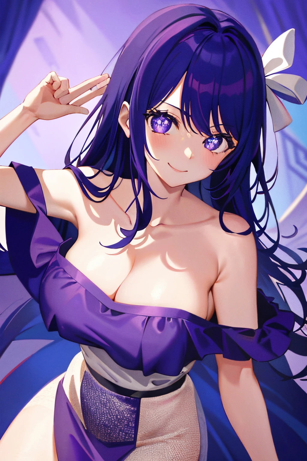 ​masterpiece、ighly detailed、(1 girl in:1.2)、purple color  hair、virgin killer strapless  open shoulder strapless Kimono、big eye、、Naughty smile、8K 、Ai Hoshino、Star、very sexy big breast、