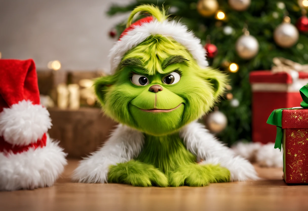 Grinch,Fluffy bristles,,cute little,(Face without wrinkles),Smooth bristles,green dumpling nose,all displayed,poseing,a scene from a movie,Christmas,dynamic compositions,​masterpiece