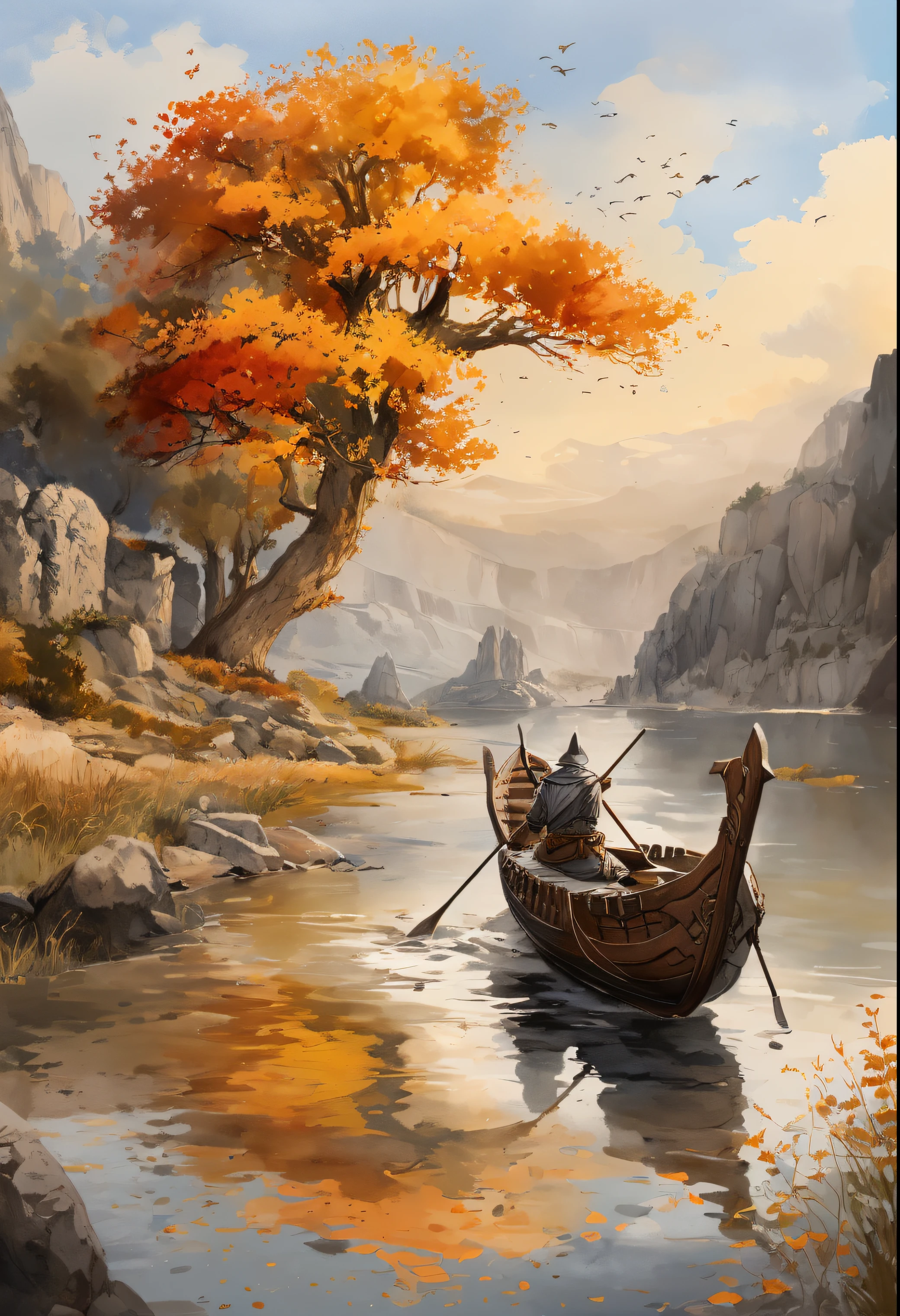 painting of a man in a boat on a river with a tree, epic elder scrolls art, elder scrolls art, eftir Ásgrím Jónsson, fantasy. gondola boat, skyrim art, 4k fantasy art, 8k fantasy art, fantasy art landscape, by Jesper Ejsing, beautiful art uhd 4 k, detailed painting 4 k