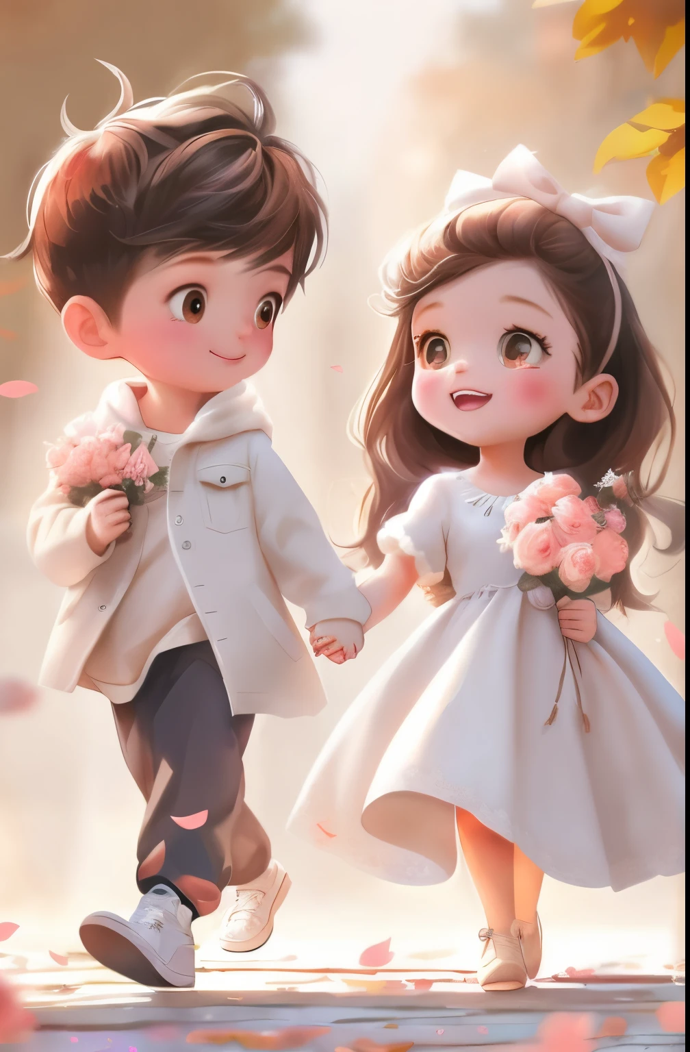 Two cartoon characters walking hand in hand on the street, cute couple, adorable digital art, boys and girls, Cute cartoon, lovely art style, lovely digital painting, Cute and detailed digital art, cute and adorable, Cute cartoon style, Romantic couple, cute and adorable, cute cartoon character, digital cartoon painting art, cute artwork, Cartoon style illustration, cute character