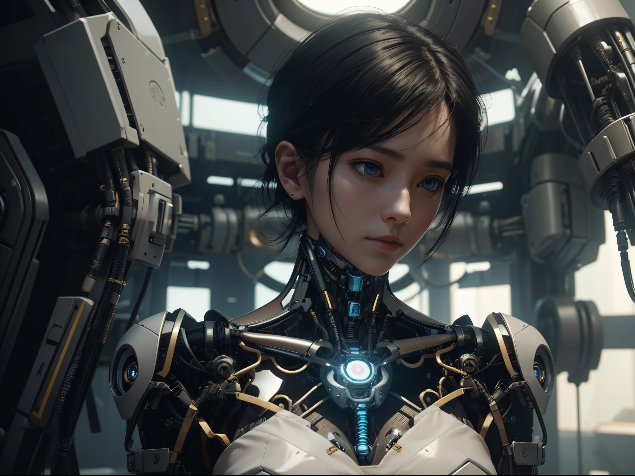 Female robot holding tools to repair her damaged left shoulder，Intelligent bionic robot、Black haired girl with short hair、robot robot parts、Cable Electrical Wire、micro Chip、Delicate figure,Bright studio、hyper photorealism、high detal、intricately details、Soft lighting、Edge lights、Render by Octane、Unreal Engine 5 rendering、Mechanical public enemy style、8K、top-quality、masterpiece、Low ISO、White balance、high key lighting、Shallow depth of field creates a soft and elegant feel,超高分辨率,cyber punk perssonage.Connect lots of cables,in the process of making,