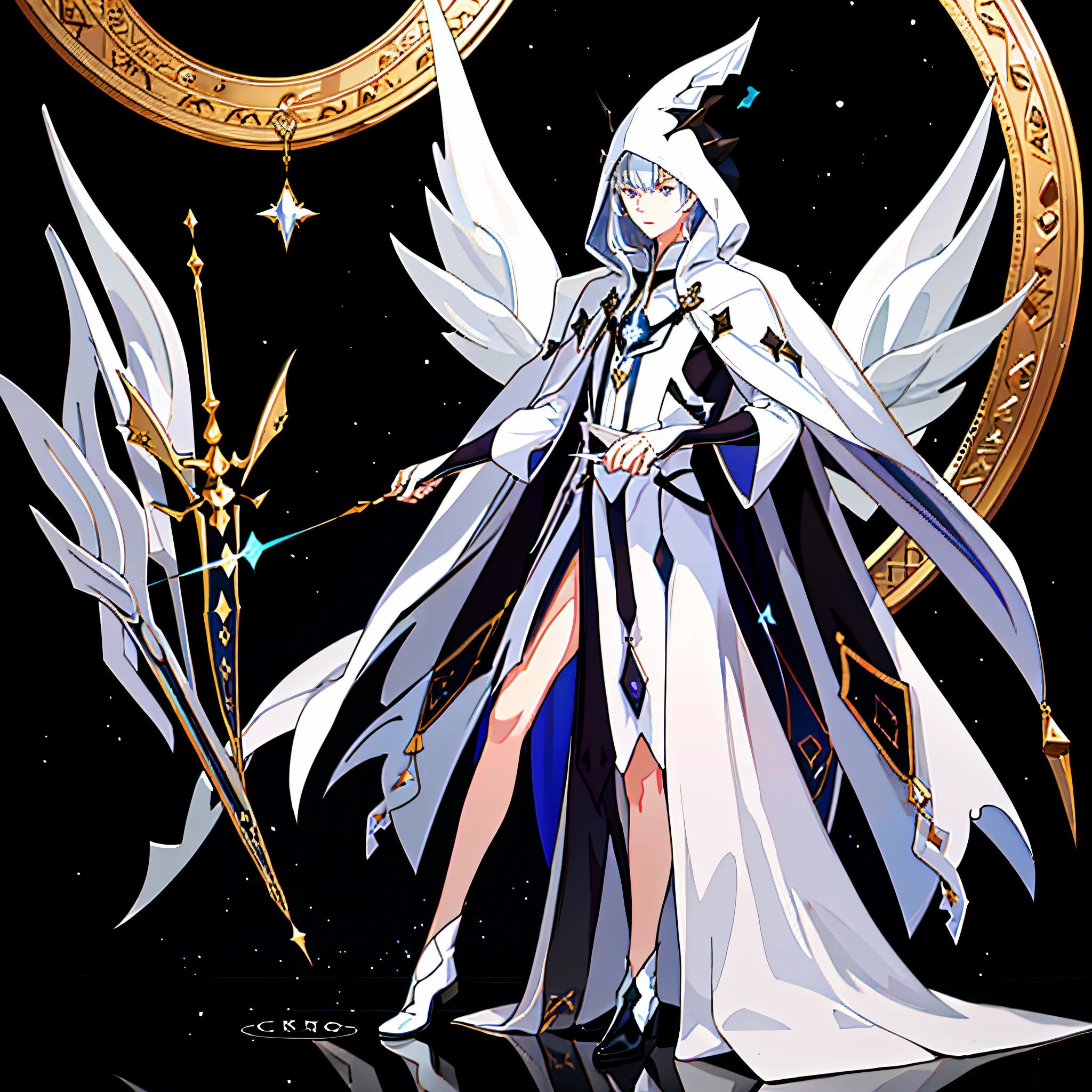 male people, Hooded, long white robe, employee, that wizard, Majestic, black long boots, starrysky, As estrelas, kosmos, Full body like, serious expressions
