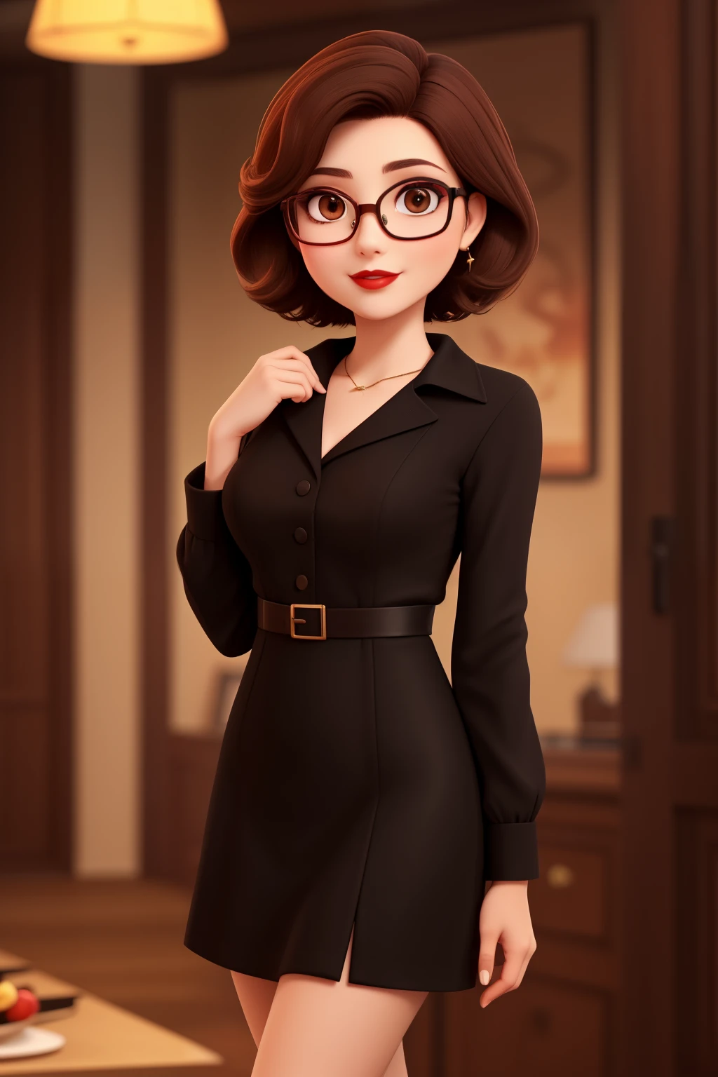A ypung lady, short brown hair, square glasses, dark red lips, brown eyes, black dress