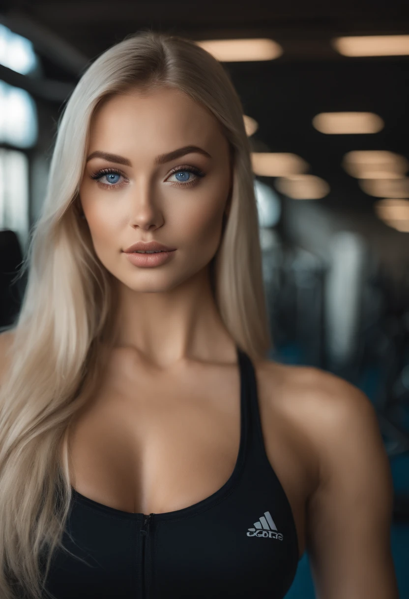 Gorgeous woman with long wavy blonde hair, detailed alluring eyes, long sexy legs, Being naked、 At the gym, ((detailed facial features)), (finely detailed skin), pale skin, Realistic skin texture, Extreme skin details, (pores:0.1), Beautiful futuristic cyberpunk city in the background, masterpiece of best quality, Photorealistic, hyper realisitic, Detailed, 8K, nffsw, (soft colours: 1.2), Shallow depth of field, Broad light, High contrast, Backlighting, bloom, light glow, chromatic abberation, Sharp Focus, RAW color photo