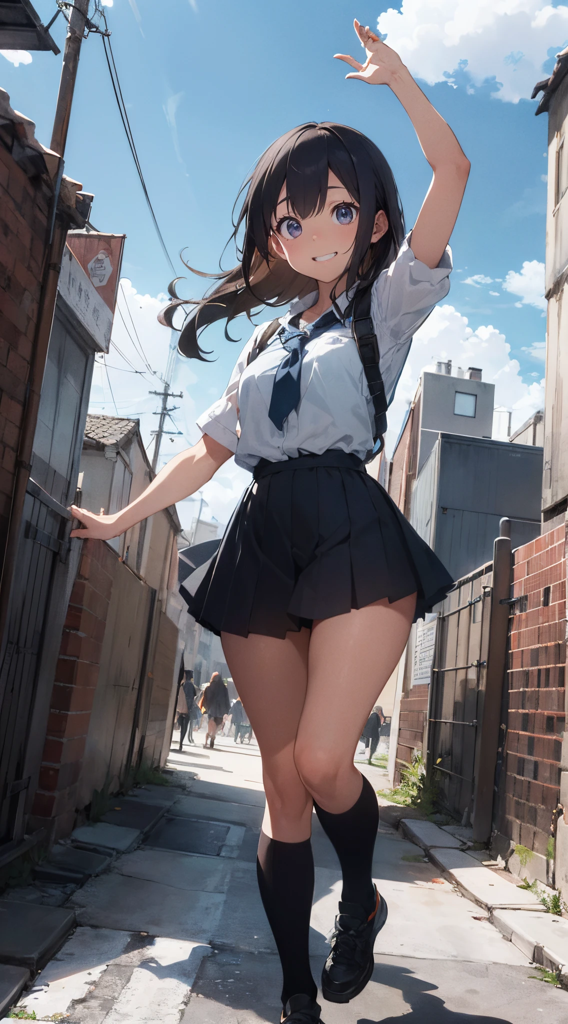 ((Highest quality)), ((masterpiece)), (High resolution), 8k, Best Shadow, The best natural light, Cinematic, (Two adult women climbing the stairs side by side), (Brown Hair,)、Looking back, bashful、Sailor collar、Fashionable white shirt、Sailor suit、Navy Pleated Skirt、(Navy blue socks)、((Rear view))、Angle from the rear, Navy blue socksにクローズアップ、Manga panel layout、Cartoon style、Manga Design、Station stairs、On the way to school, (The wind is blowing up from the ground, flipping up her skirt and revealing her panties:1.4), Stylish white satin panties, Slender body,Beautiful thighs, Embarrassed look, Iori, Perfect lighting, Perfect Shadow, Exact number of arms, Exact number of legs, Perfect Anatomy, Exact finger count、Exact number of legs、(Exact number of arms:1.0, Exact number of hands:1.0), (Perfect hands, Perfect Anatomy)