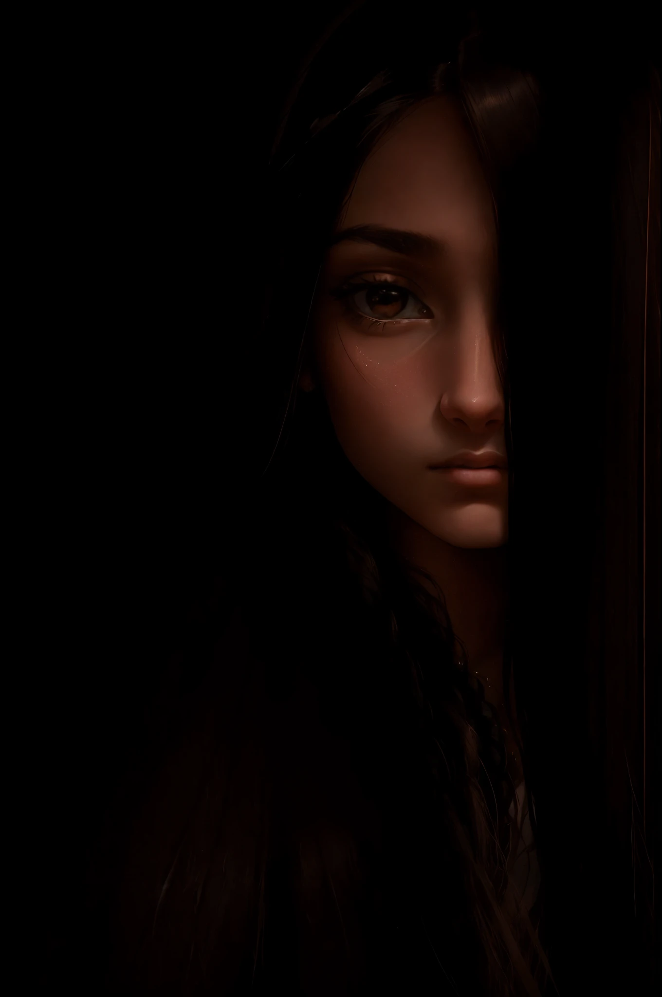 a portrait of a young woman with long hair. She is standing indoors, in front of a dark background. The dominant colors in the image are black and brown, with accents of 786F53. The woman's face is the main focus of the photo, as she gazes directly at the viewer with an expression that is both serene and contemplative