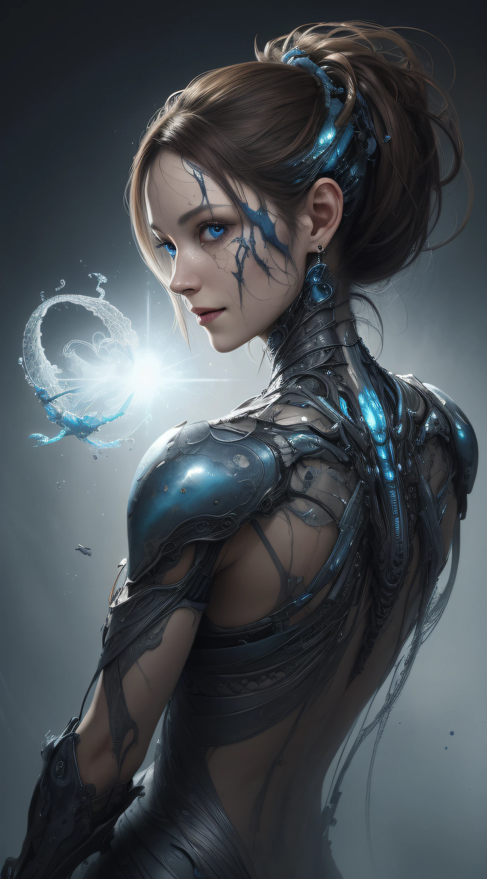 hightquality、8K、Ulutra HD、fullllbody、1 16-year-old female、Gentle smile、Rich facial expressions、beauty legs、robe blanche、light brown hair、Blue eyes、mechanical black stage costume、(The background is an alien city in a sci-fi parallel world...)、Soft light、cute little、Beautiful fece、portlate、art by:Alberto Seveso、Abstract art style、Complex and intricate watercolor painting 、digitial painting、concept-art、Volumetric lighting、TanvirTamim、metal reflective、2d render、Art Germ、Trending on ArtStation