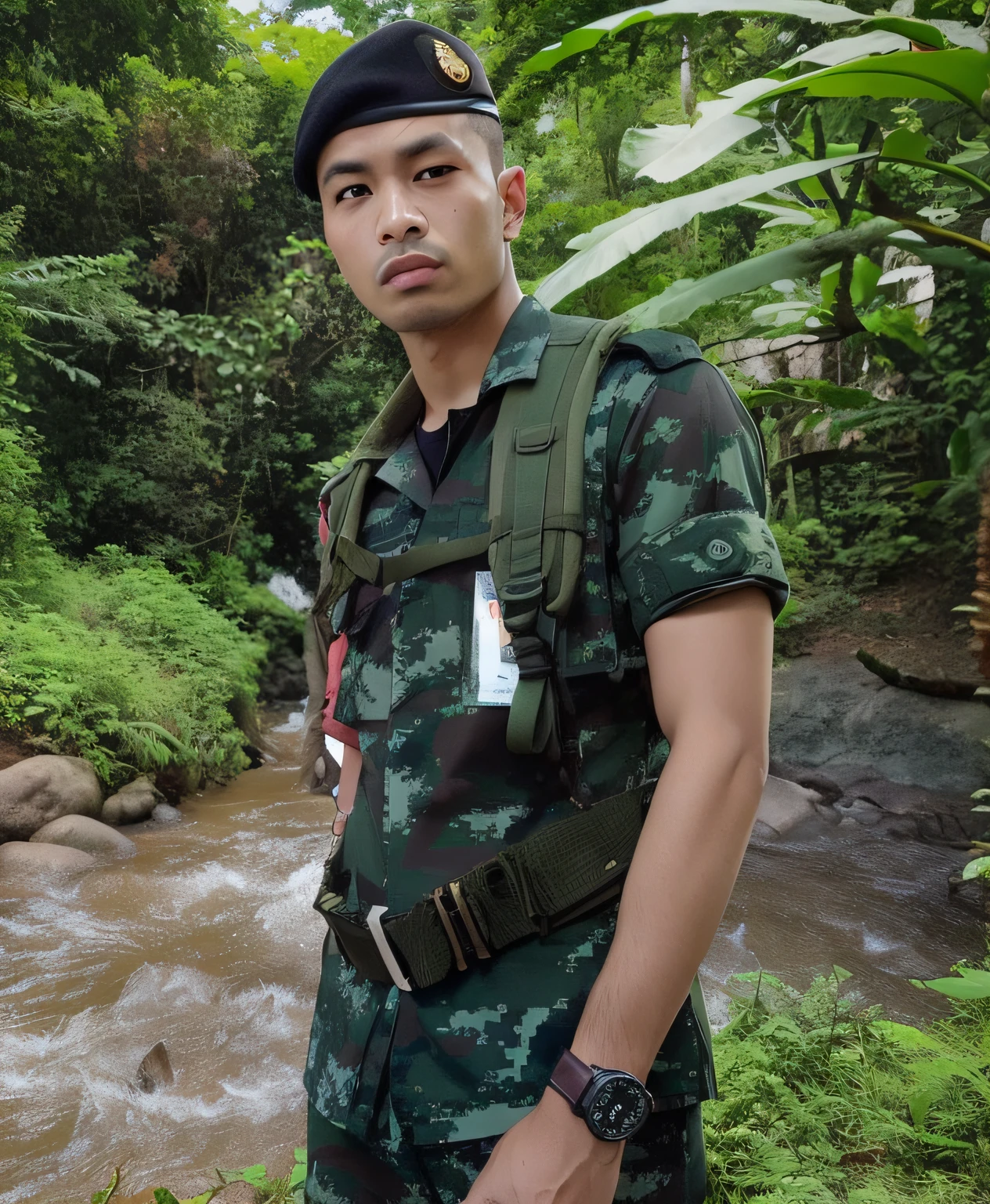 arafed man in camouflage standing in front of a stream, wearing military uniform, in jungle, male soldier in the forest, in military uniform, perfect military composure, wearing a military uniform, jungle in background, thawan duchanee, in a jungle environment, in a jungle, rugged soldier, full uniform, wearing military outfit, loong