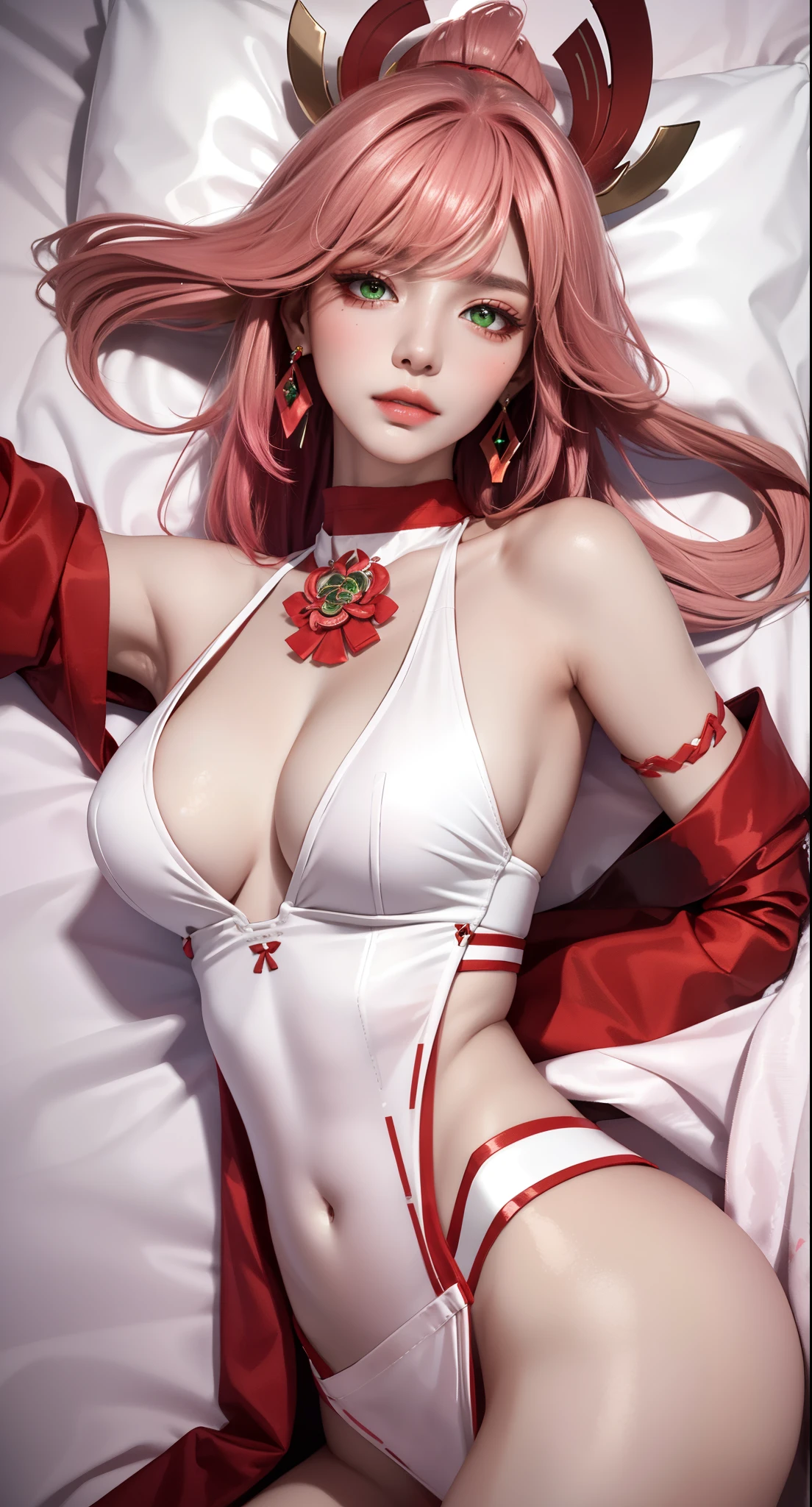 on bed, lying on bed sexy, (Masterpiece, Excellent, 1girl, solo, complex details, color difference), realism, ((medium breath)), off-the-shoulders, big breasts, sexy, Yae Miko, long pink hair, red headdress, red highlight, hair above one eye, green eyes, earrings, sharp eyes, perfectly symmetrical figure, choker, neon shirt, open jacket, turtleneck sweater, graffiti, dim lighting, alley, looking at the audience, ((mean, seductive, charming)), (dynamic sexy pose), tulle, bare shoulders, blooming flower fields, radiant skin, faint smile, sexy, bust, no breast cover, naked, cocked ass, tummy look