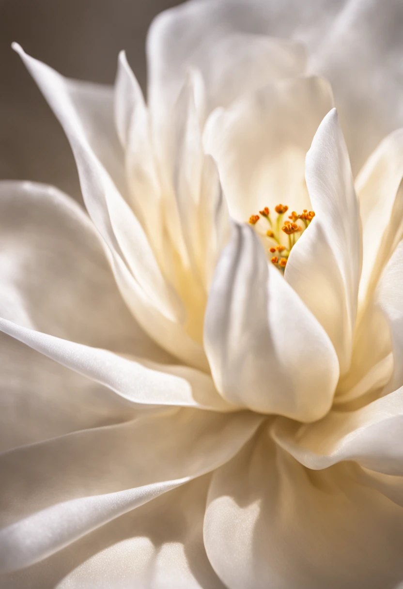 Close-up of a white flower，The light is gentle, soft translucent fabric folds, silk flowing in wind, Flowing fabric, beautiful flowing fabric, Flowing realistic fabric, endless flowing ethereal drapery, flowing silk sheets, draped in silk, draped in flowing fabric, long flowing fabric, flowing sakura-colored silk, soft golden light, draped in silky gold, folds of fabric