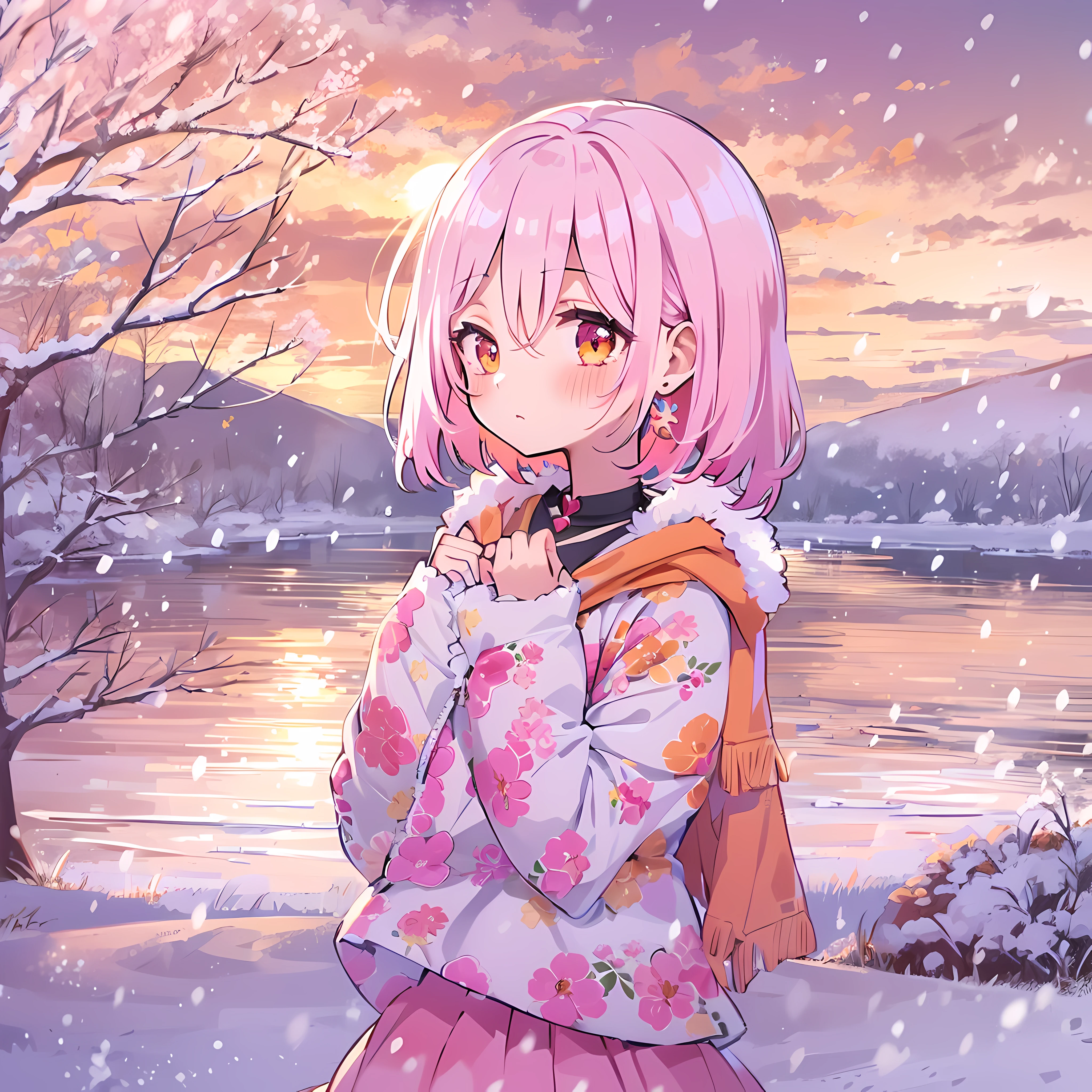 senko-san, li, big freezed lake, winter, multicolored hair, white hair, pink hair, orange skirt, orange sunset, 1girl, hi resolution, 4k, sakura, snowed lake, pink scratches on a face