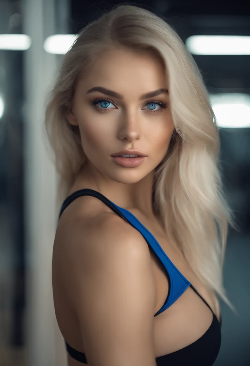 A poised and alluring woman with captivating blue eyes, resembling the ultra-realistic Sophie Mudd. Blonde girl, She wears natural makeup, exudes a sexy charm in gym outfit, blonde hair color and poses in gym setting with a prominent bust.