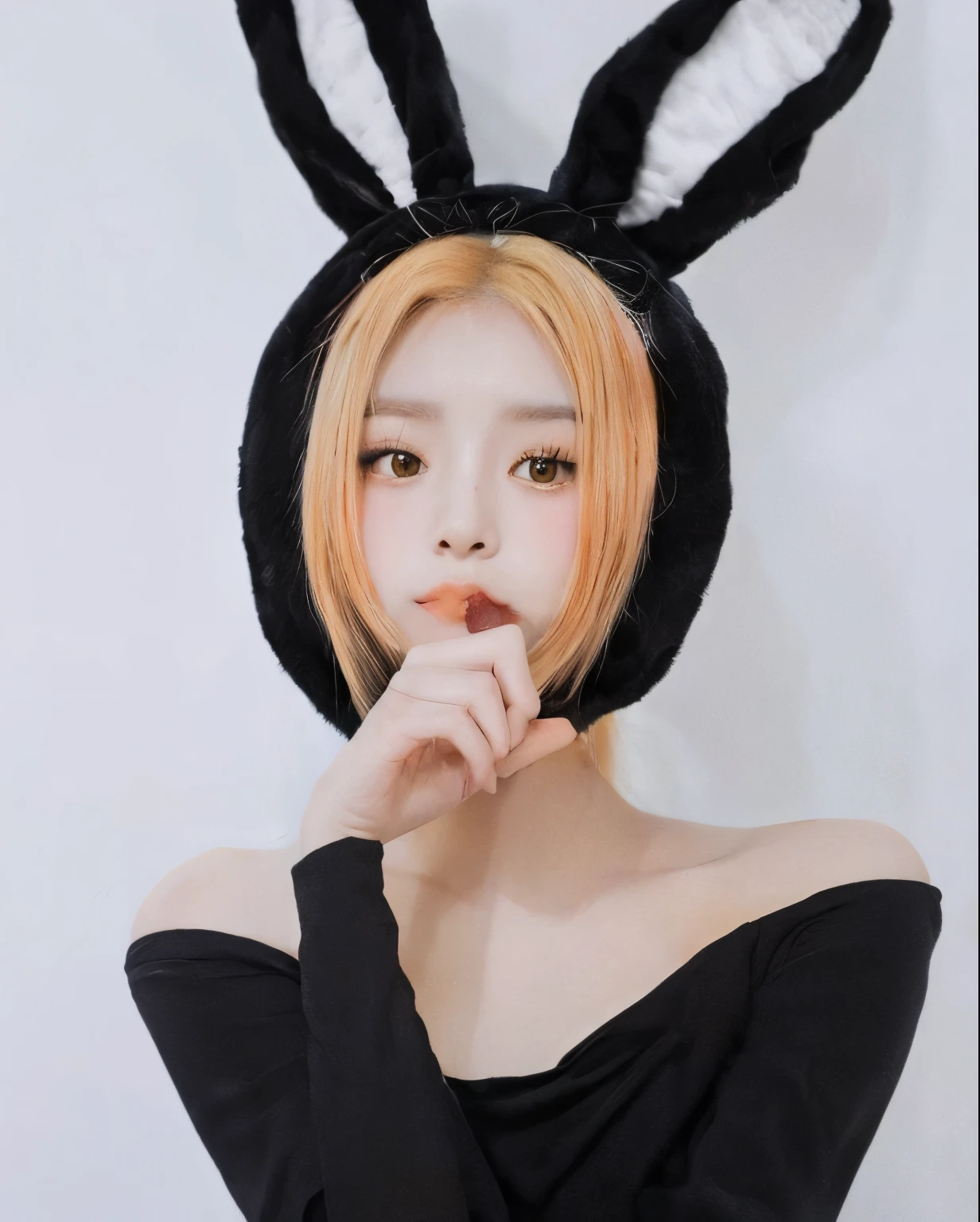 Araffe wearing a bunny hat and putting a finger to his lips., con orejas de conejo largas y flexibles, con orejas de conejo, con grandes orejas de conejo, con orejas de conejo, Orejas de conejito, Parque Roseanne de Blackpink, Conejita, Hermosa dama con orejas de conejito, Orejas largas de conejo, wearing cybernetic bunny ears, Dulce conejita ultrarrealista, Orejas de conejo