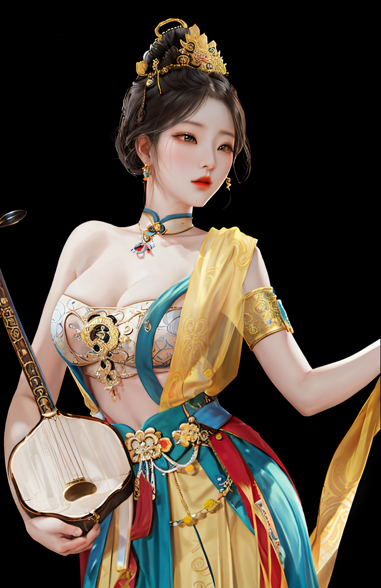 Dunhuang ancient style, The woman holds the instrument, Exquisite renderings of the Tang Dynasty, , an ancient Chinese goddess, Princesa chinesa antiga, 8K, Beautiful renderings of the Tang Dynasty, 8K high quality detail art,