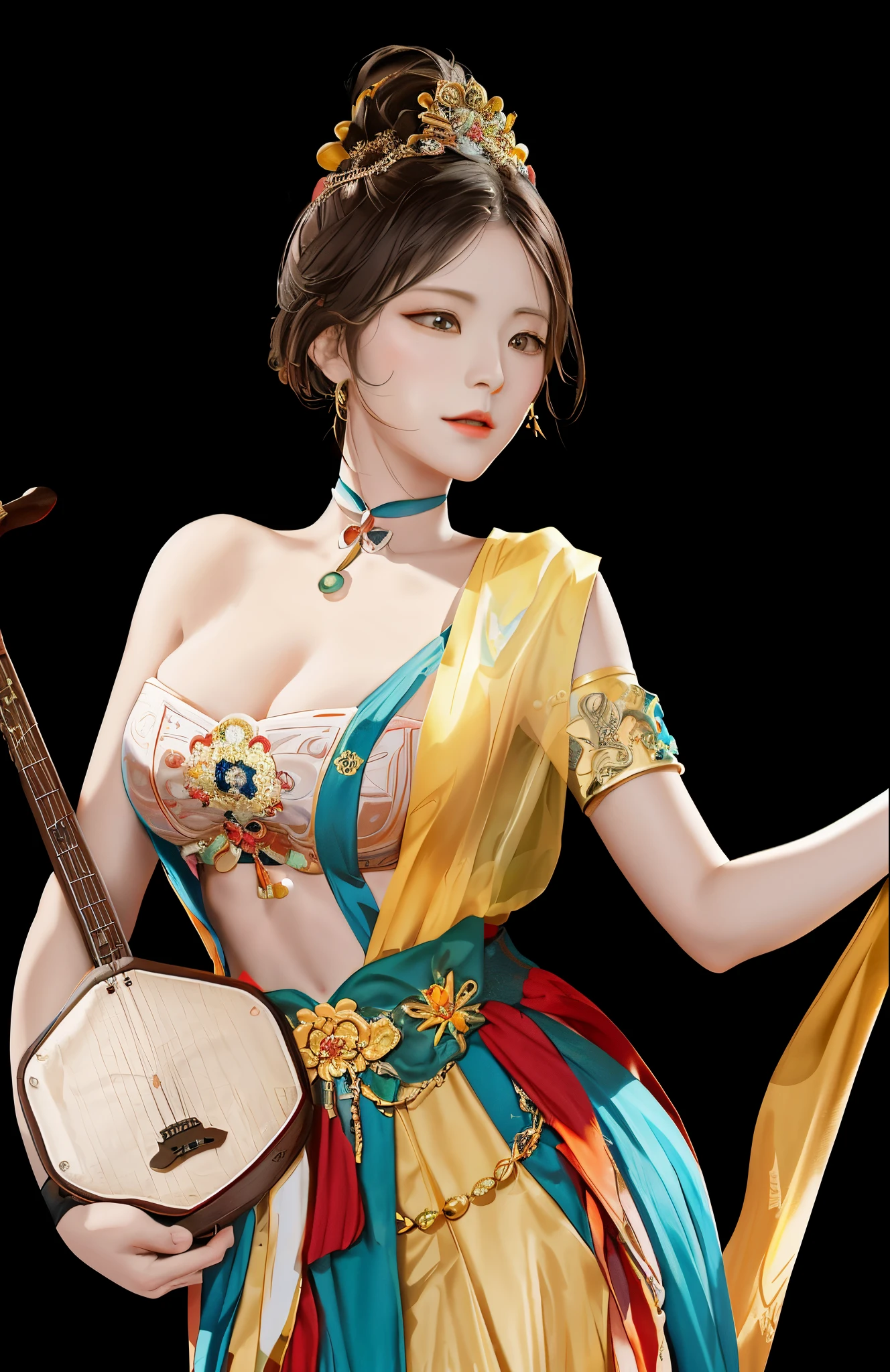Dunhuang ancient style， The woman holds the instrument, Exquisite renderings of the Tang Dynasty, , an ancient Chinese goddess,  Princesa chinesa antiga,  8K, Beautiful renderings of the Tang Dynasty, 8K high quality detail art