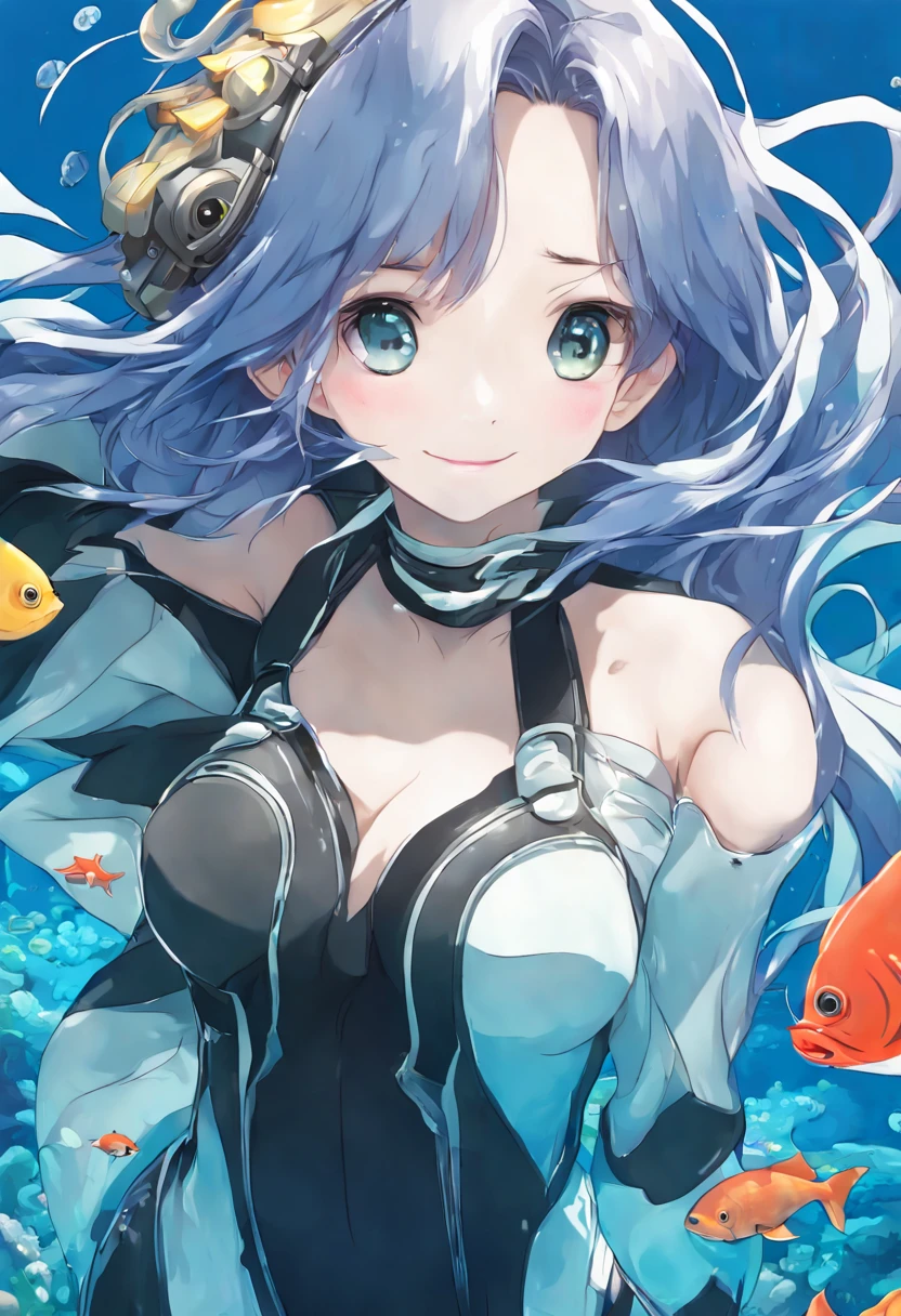 (masterpiece, best quality, ultra-detailed, best shadow), (beautiful detailed face:1.3),(solo), (family_friendly:0.8),high contrast, ultra-high resolution,(1girl under deep sea:1.6),(diving AND petting a whale:1.3),full body, diving suit,refract light from above,glowing_light,vivid seaweed,colorful corals, looking_afar, tropical fish,(turbulence disturbed hair:1.2),([blue|silver] hair:1.1)