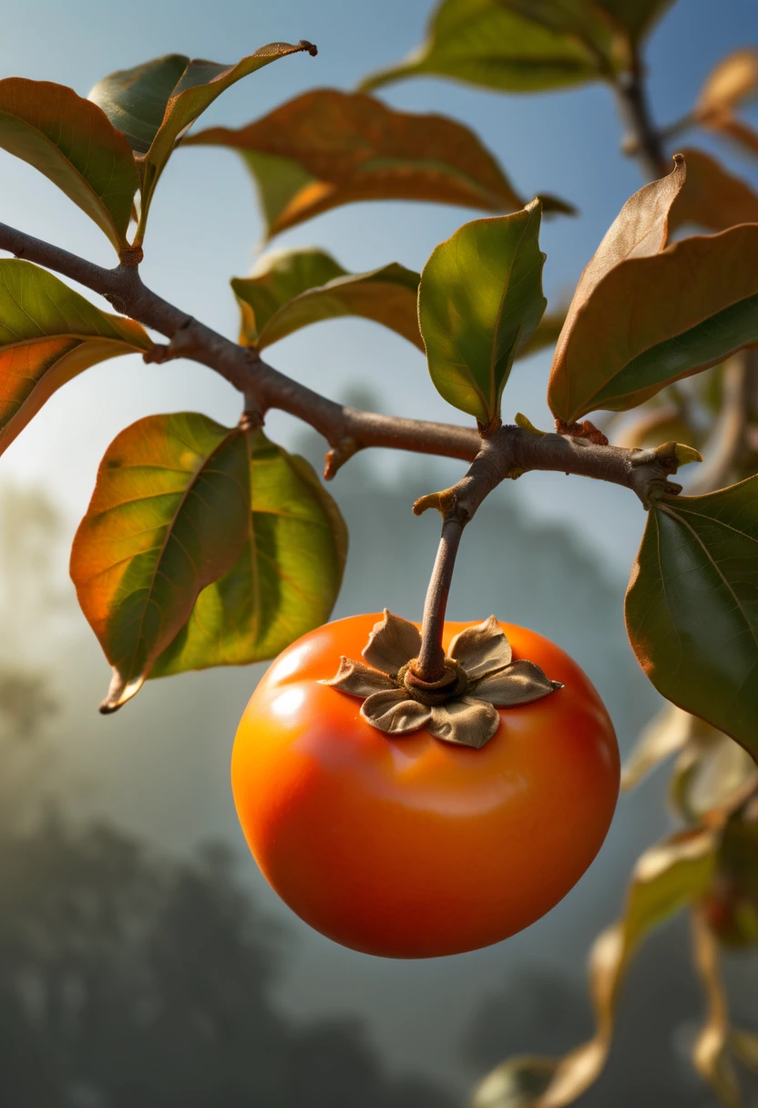 Close-up, A persimmon on a branch, Translucent, highly detailed, sacred, sky, natural light,clean, cinematography, best picture quality, --ar 1:2 --style raw