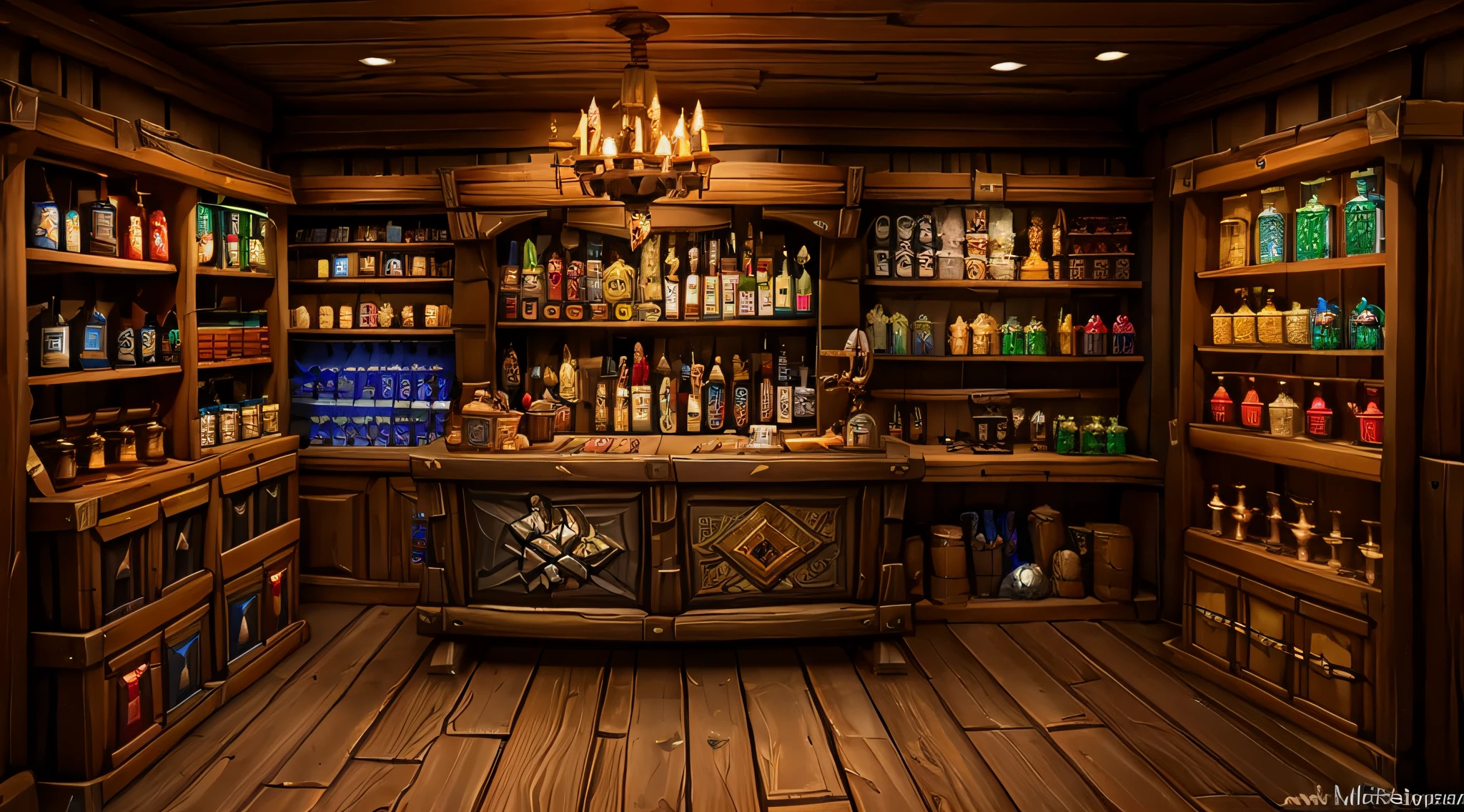 World of Warcraft style,medieval times,magister'Interior of the store,shelves,handicraft,treasures,a little perspective,Highly accurate,tmasterpiece,High- sharpness,