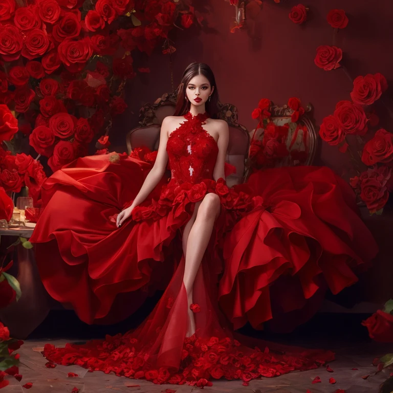A model girl in a Gorgeous salon with a huge red dress with red petals ...