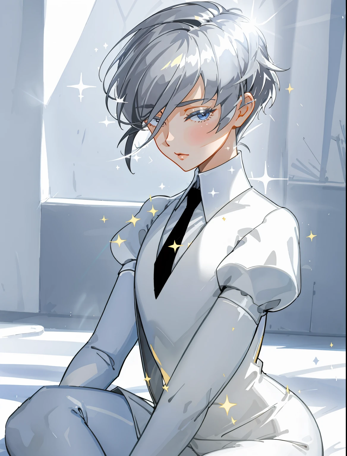 masterpiece, 8k uhd, absurdres, gorgeous girl, skinny, flat chest, very short grey hair, glare, (sparkling hair,:1.1), white suit, black tie, sunny day, winter, hands out of sight, hands behind her back, sitting on the ground