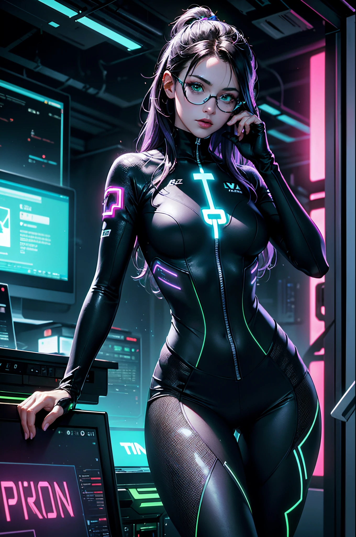 ((masterpiece)), ((best quality)), 1girl, solo, looking at viewer, depth of field, purple hair, green eyes, long hair, 32k resolution, pastel:1.2, slim waist, perfect body, 😘, beautiful face, dynamic:1.2, realistic light, neon light:1.2, Nvidia Ray tracing, (((cinematic))), dynamic pose, ((tron inspired)), intricate, cyberpunk, ((sexy intricate clothes from tron)), (sci-fi glasses), (cinematic shot), (ambient occlusion), particles, volumetric light, glowing, illumination, sci-fi, high contrast, (hacking scene), shot from film, (digits, computers, matrix)