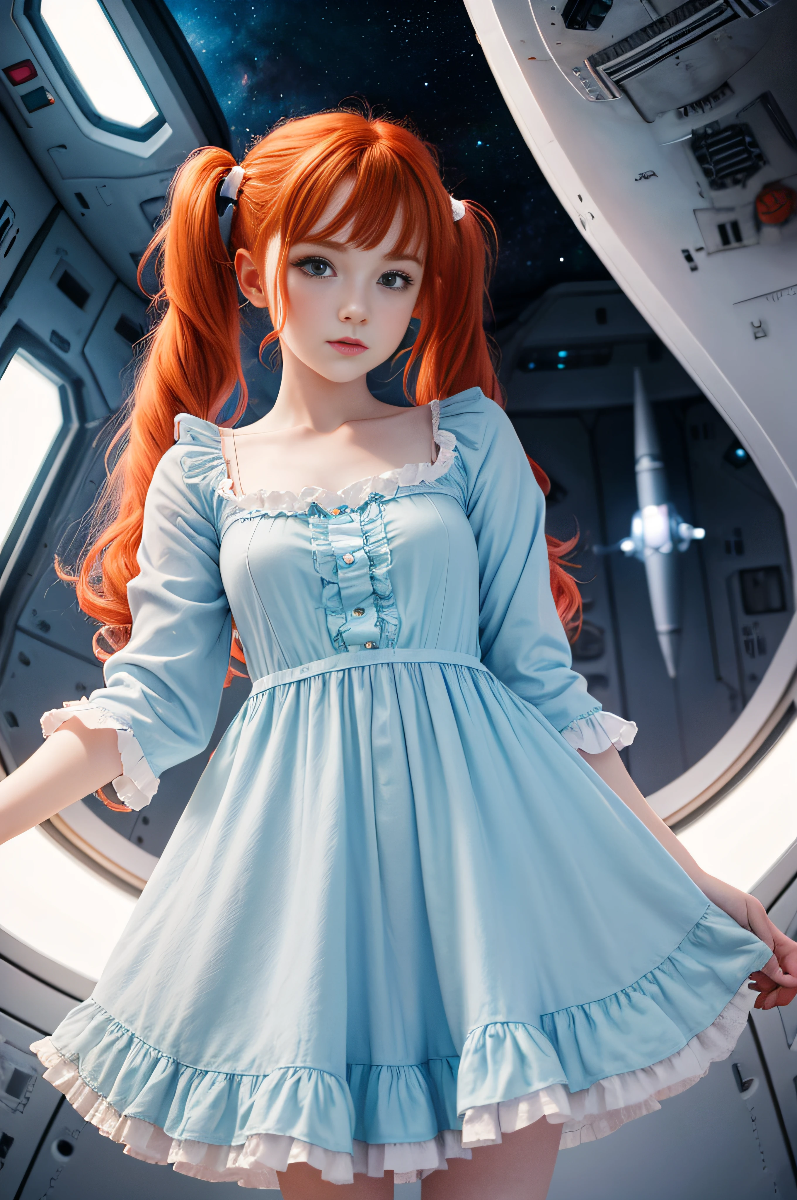 cute redhead 18-year-old woman, happy, in twin tails, perfect blue eyes, pale goth skin, silky smooth skin, wearing a pastel blue (sheer) nightgown, frilly nightgown, cute white panties and bra underneath her nightgown, standing on a space ship.