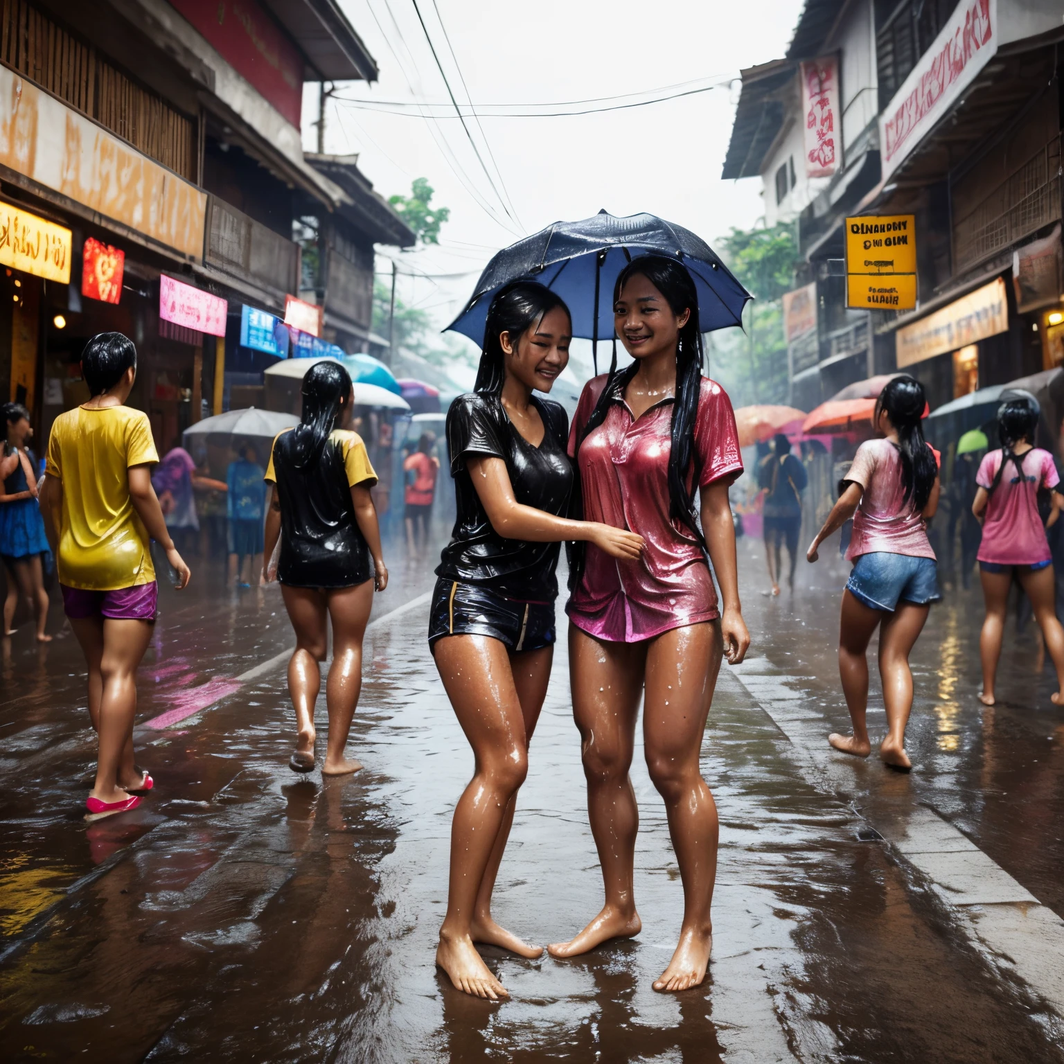 Songkran, wet street party, soaked young girls, drenched, dripping, wet clothes, wet skin, wet hair, 8k, masterpiece, photorealistic, beautiful, happy, clinging heavy clothes