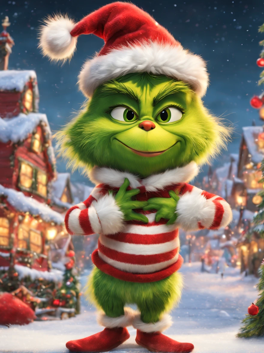 Grinch,fluffy fur,,cute little,(Face without wrinkles),Smooth bristles,green dumpling nose,all displayed,dance,raise a hand,raise her legs,a scene from a movie,Christmas Town,red striped muffler,dynamic compositions,masterpiece