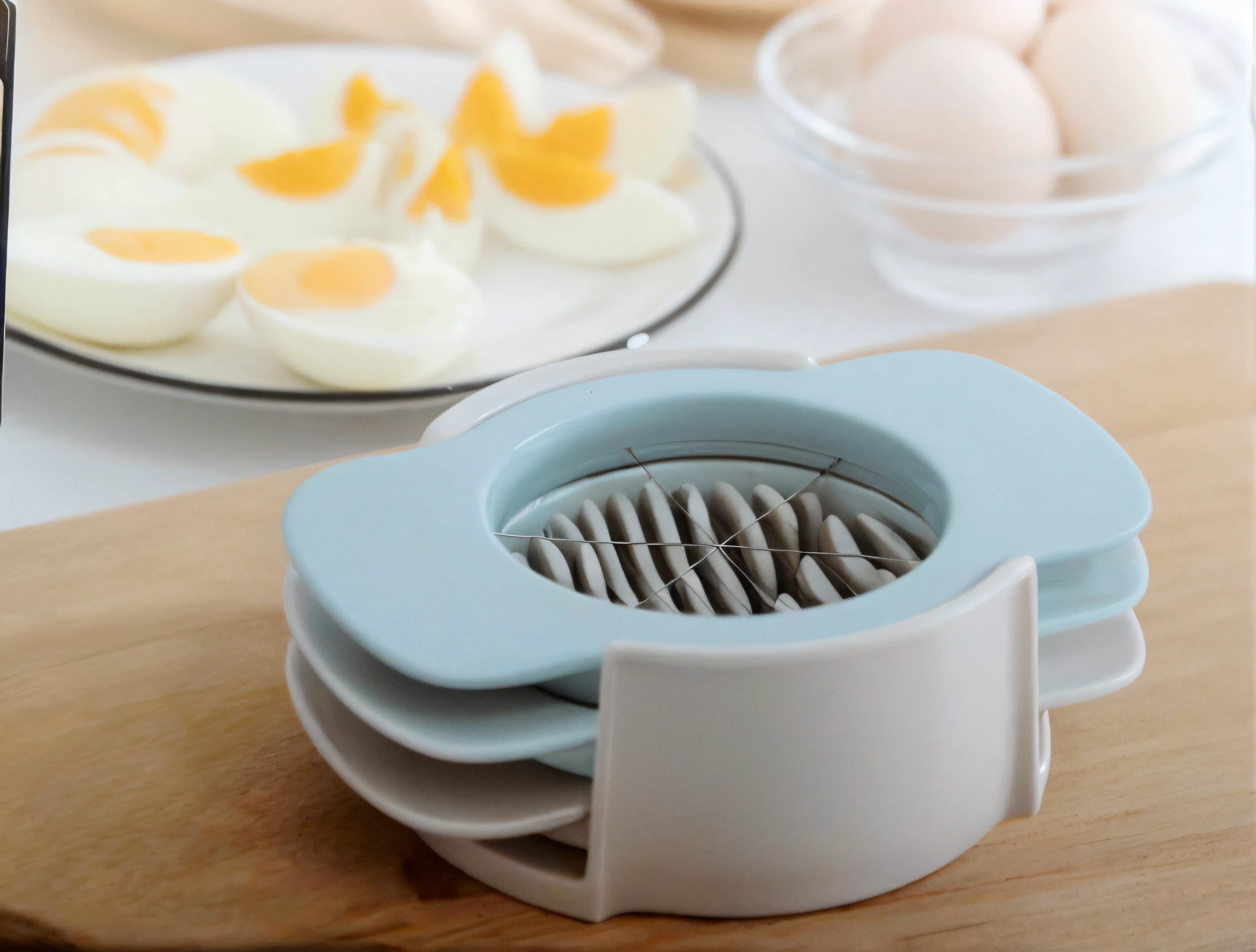 There are eggs in the bowl，There is a plate of eggs on the table, tartan, plate, high high quality, Crisp and sharp, spherical, eggs, high high quality, irregular, runde, Daisies, loose, wonderful scene, high detal, press, Gray, high detal, Tasty, blue gray, high detal, andalusite