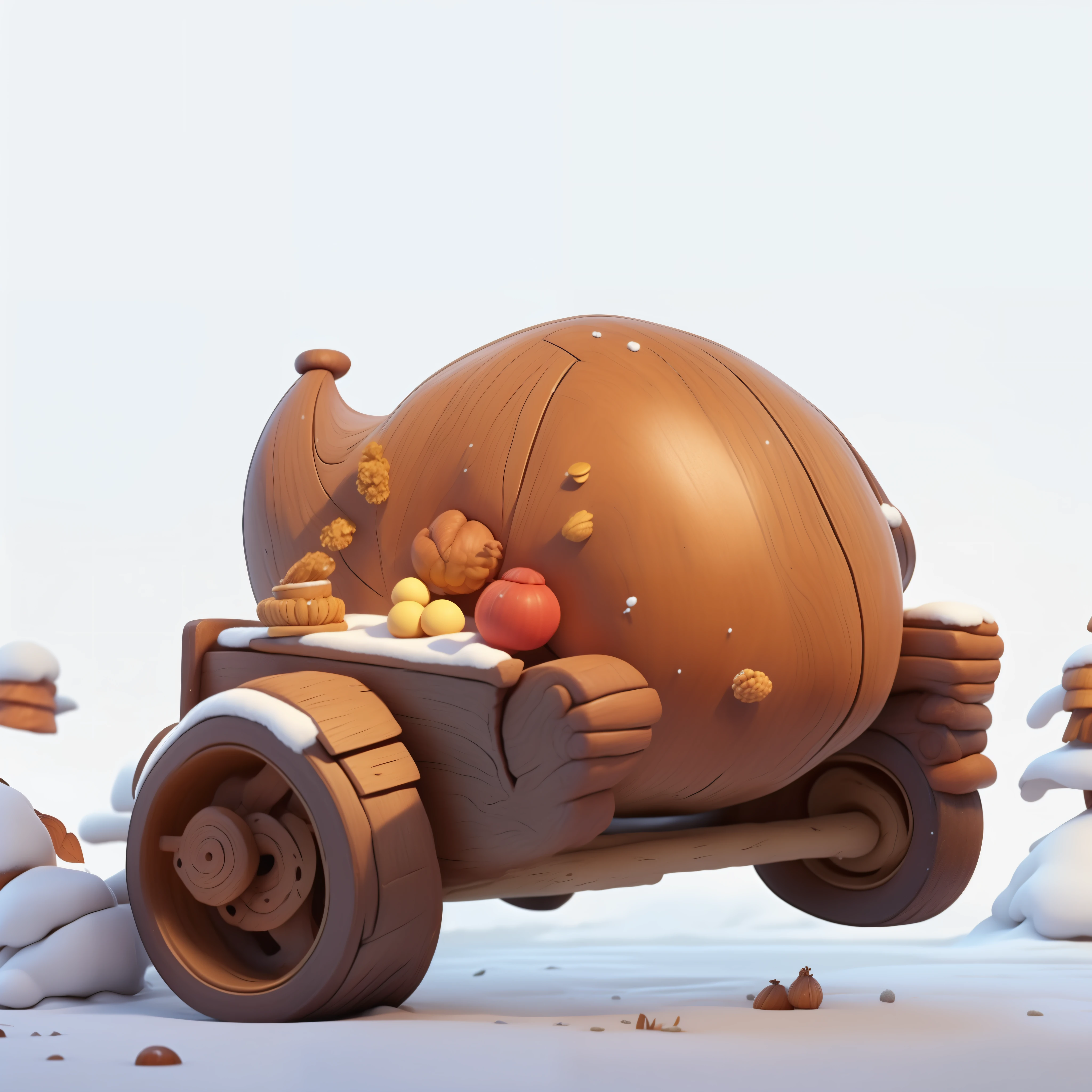 in the snow,small wooden cart with food,Turkey and hazelnuts on wooden cart