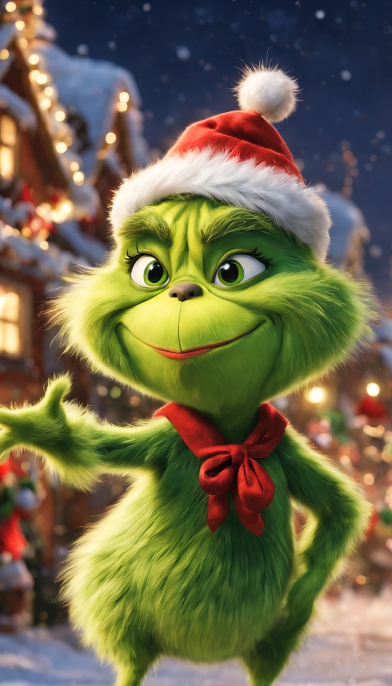 Grinch,smooth fur,,cute little,(Face without wrinkles),Smooth bristles,green dumpling nose,all displayed,dance,raise a hand,raise her legs,a scene from a movie,Christmas Town,dynamic compositions,masterpiece