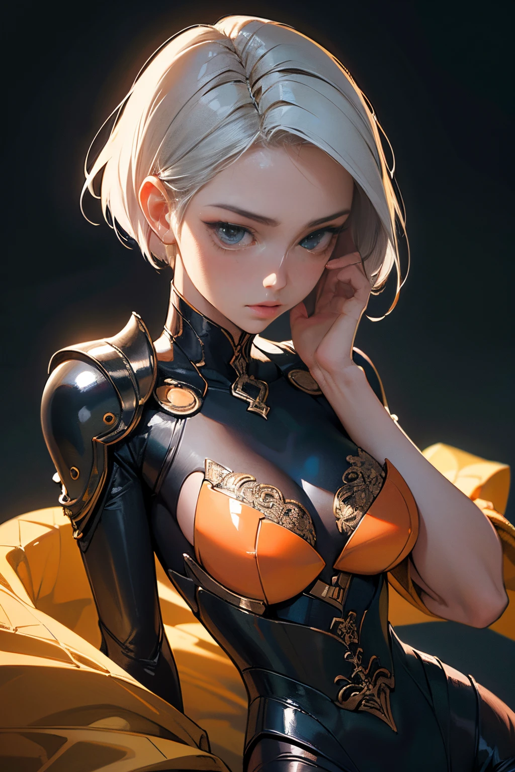 PM, (Brown Latex Suit:1), Golden Fringe Shorthair, Light brown eyes, 1girl in, 20yr old, Innocence, (Photorealsitic), (masterpiece, :1.3),(top-quality:1.4), (超A high resolution:1.2), 超A high resolution, (A detailed eye), (detailed facial features), nffsw, 8K分辨率, (lensflare:0.7),Colossal tits、full bodyesbian