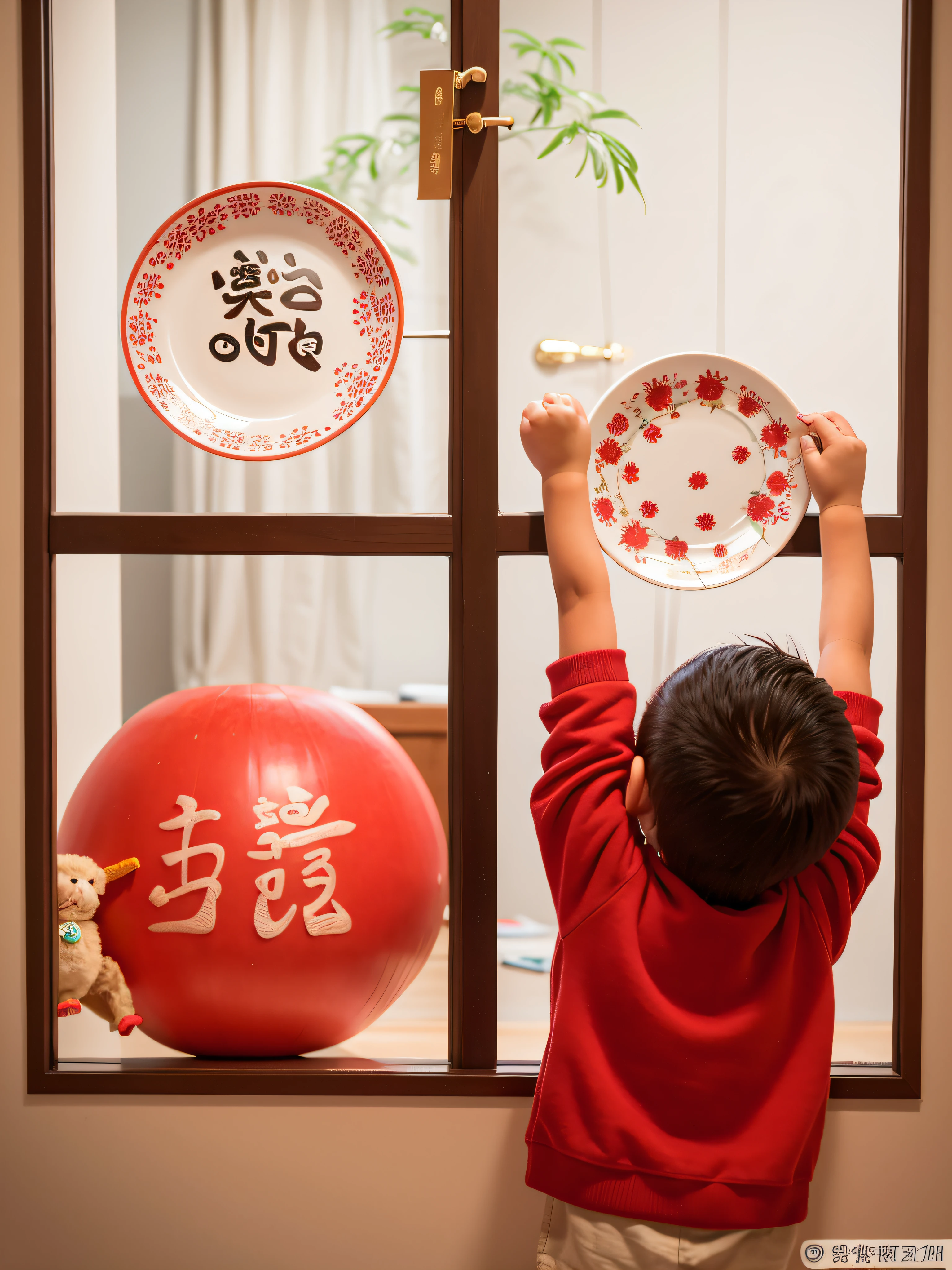 Arafid child holds a plate with Chinese writing on it, Ha 576, year 2447, gleeful, Decoration around the room, (number art), Chinese, 64x64, cai xukun, Chinese traditional, 5 days, 5 days, large view, second, Middle Metaverse, decor