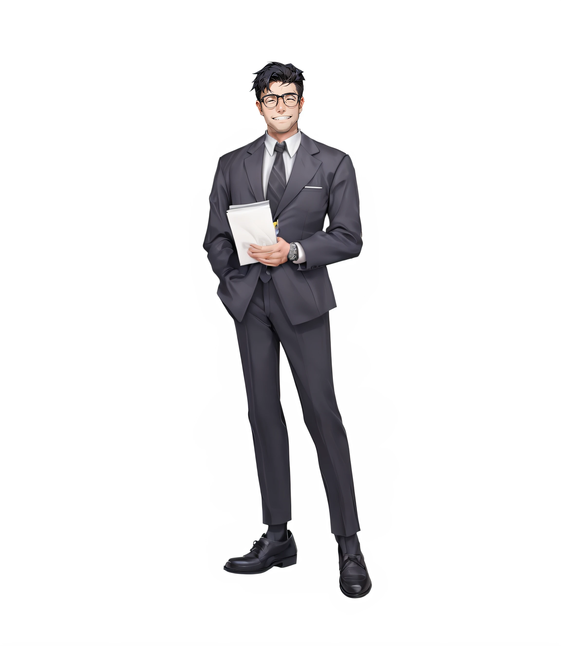 middle aged man,grey suit,Black leather shoes,Holding the speech in the left hand,black necktie,smiling with narrow eyes,Wear square glasses,style cartoon, (((Front view))), Disney style, Movie 3D, The content is very detailed, vibrant with colors,Photorealsitic,Best quality at best,Detail folding