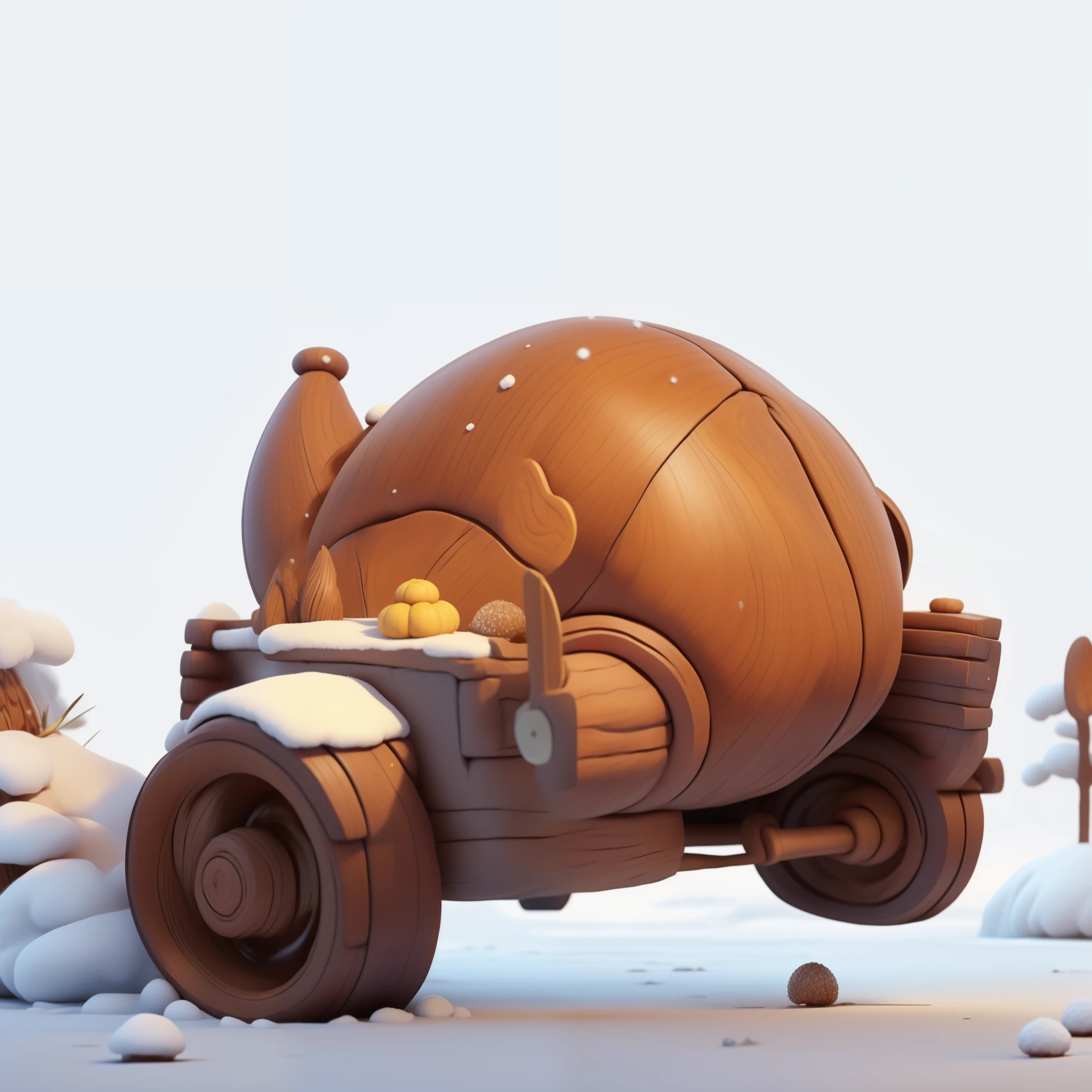 in the snow,small wooden cart with food,Turkey and hazelnuts on wooden cart
