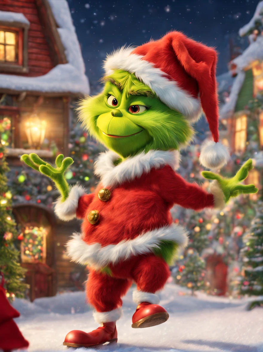Grinch,fluffy fur,,cute little,(Face without wrinkles),Smooth bristles,green dumpling nose,all displayed,dance,raise a hand,raise her legs,a scene from a movie,Christmas Town,Red muffler,dynamic compositions,masterpiece