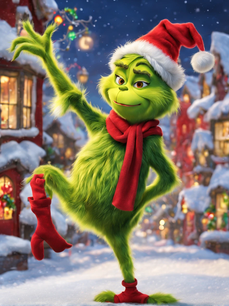 Grinch,fluffy fur,,cute little,(Face without wrinkles),Smooth bristles,green dumpling nose,all displayed,dance,raise a hand,raise her legs,a scene from a movie,Christmas Town,Red muffler,dynamic compositions,masterpiece