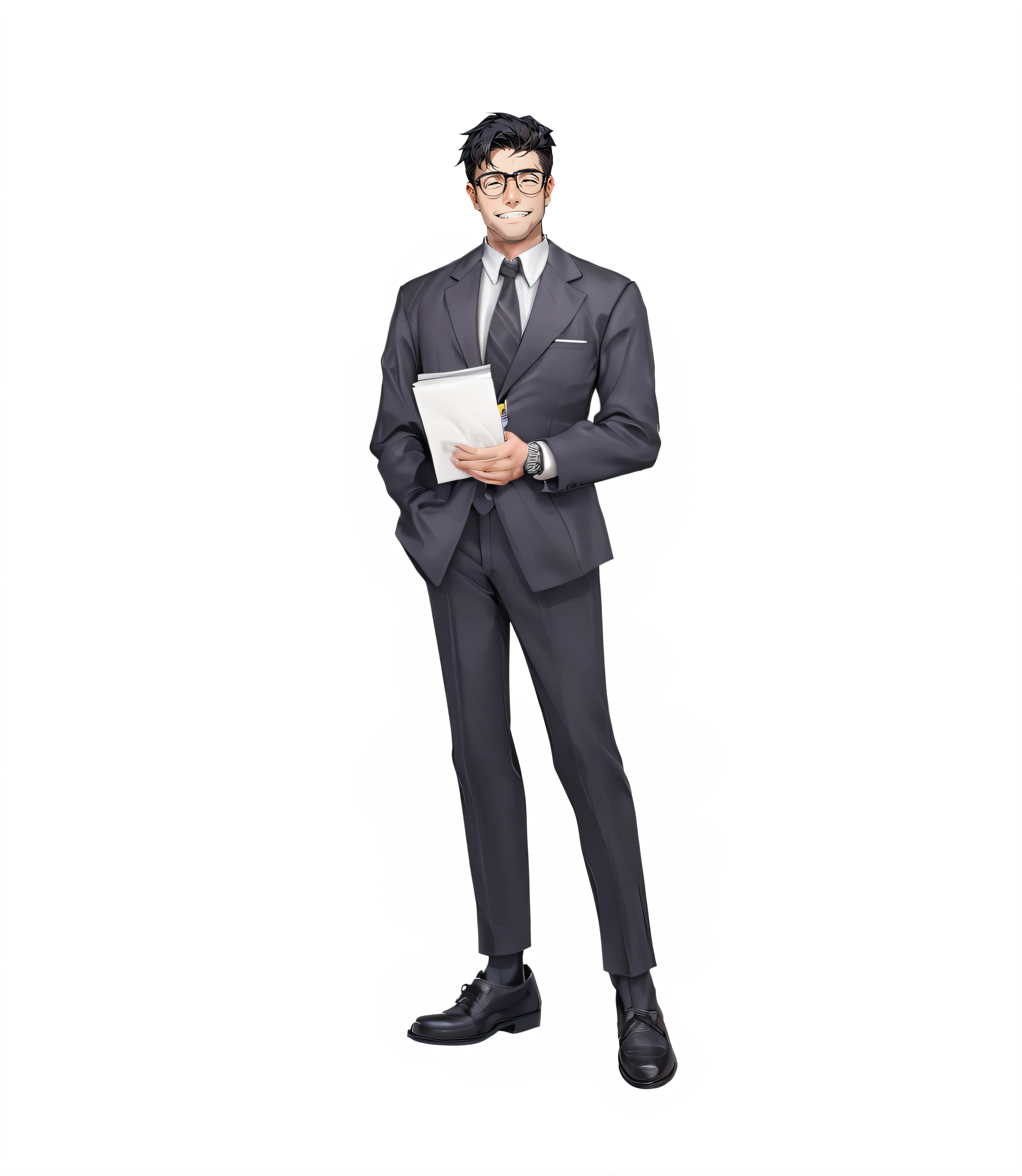 middle aged man,grey suit,Black leather shoes,Holding the speech in the left hand,black necktie,smiling with narrow eyes,Wear square glasses,style cartoon, (((Front view))), Disney style, Movie 3D, The content is very detailed, vibrant with colors,Photorealsitic,Best quality at best,Detail folding