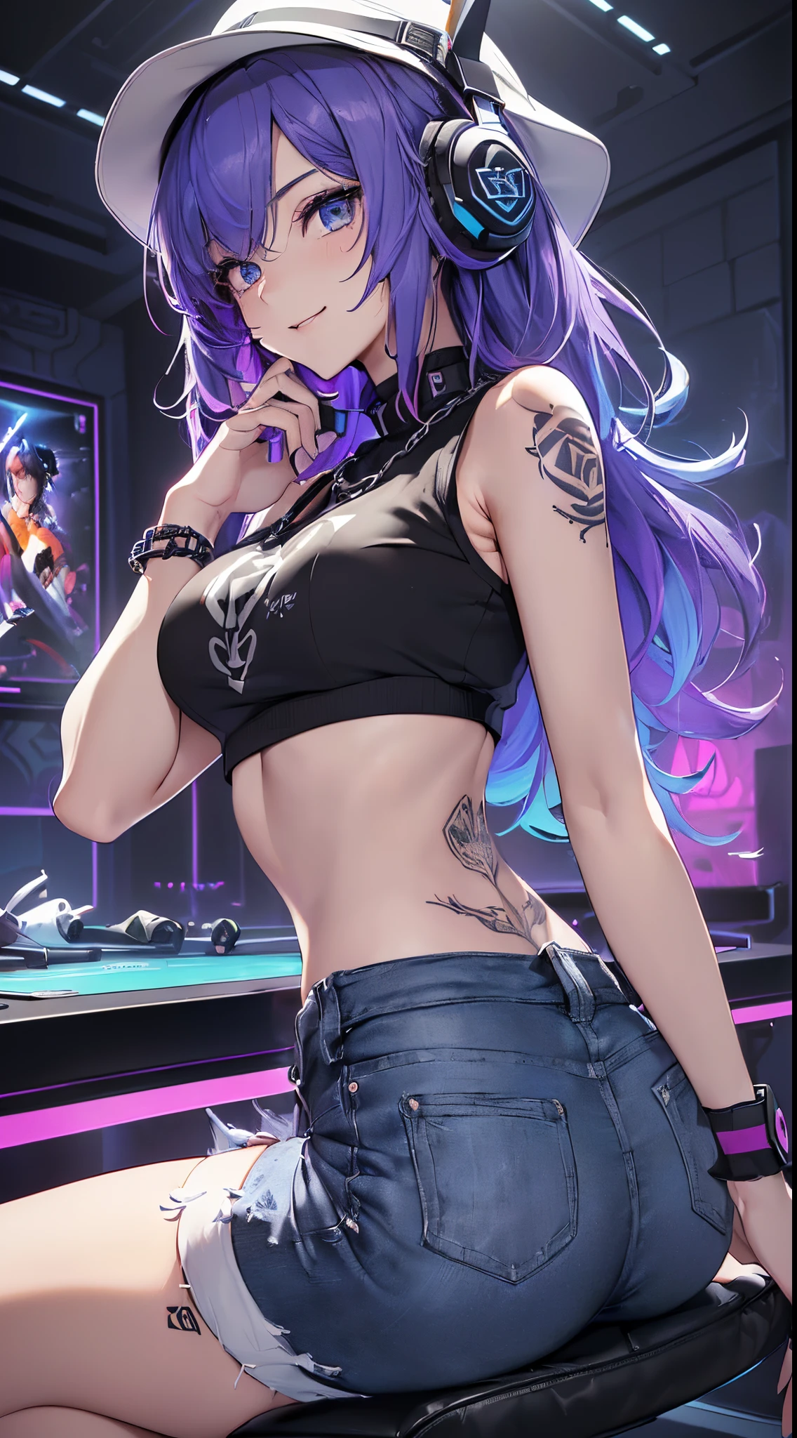 top-quality、Top image quality、masterpiece、Girl vs((18 years old、cool hat、Tattoo on the right shoulder、Black crop top vest、short white pants、best bust、Bust 85、Purple colored hair、Long hairs、eBlue eyes、Open your mind、blissful、chain accessories、Black wristband on the wrist、Sit in a chair、A slender one、A smile、There is a controller、Sexy shots、gaming headphone、Look back at the audience))high high quality、visual art、Magazine cover style、Background with((Neon colored room、gaming pc、game table、Gaming chairs、Playbed、gaming console))、On the table、Depth-of-fie(Sieber)