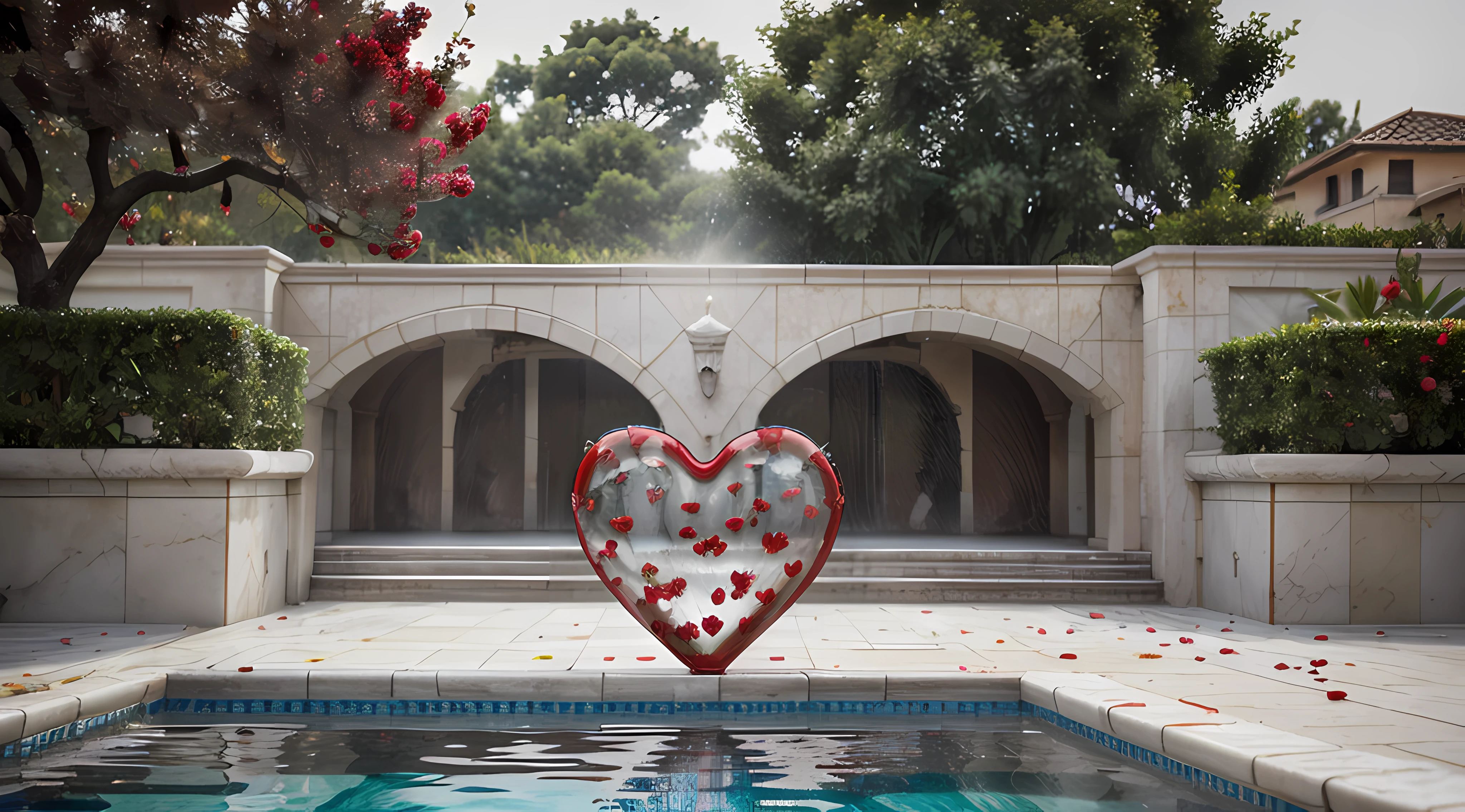 a ripe cherry of a large size, it is covered in drops of water lying on wet marble tiles near the pool,There is a large glass heart next to it in which there are flowers,splashes of colored smoke,splashes of colored smoke,8k