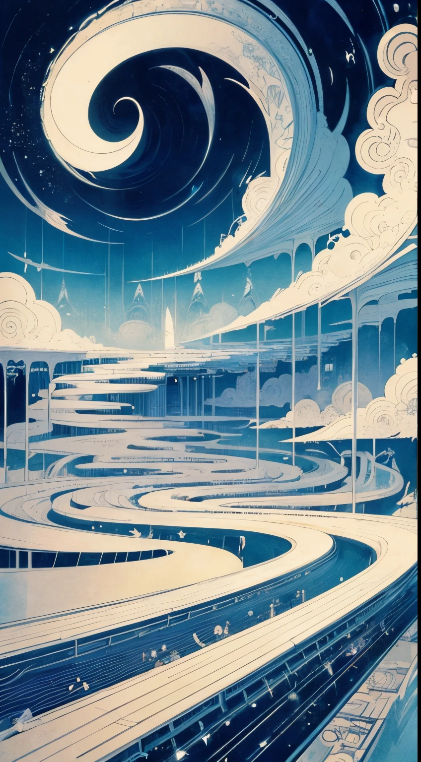 Kay Nielsen, Kenji Tsuruta, Surreal, mysterious, strange, fantastical, fantasy, Sci-fi, Japanese anime, abstract modern art, limitless dreams, New Year's song, beautiful girl choir, sunrise, clouds, rays of light, hyper detailed masterpiece
