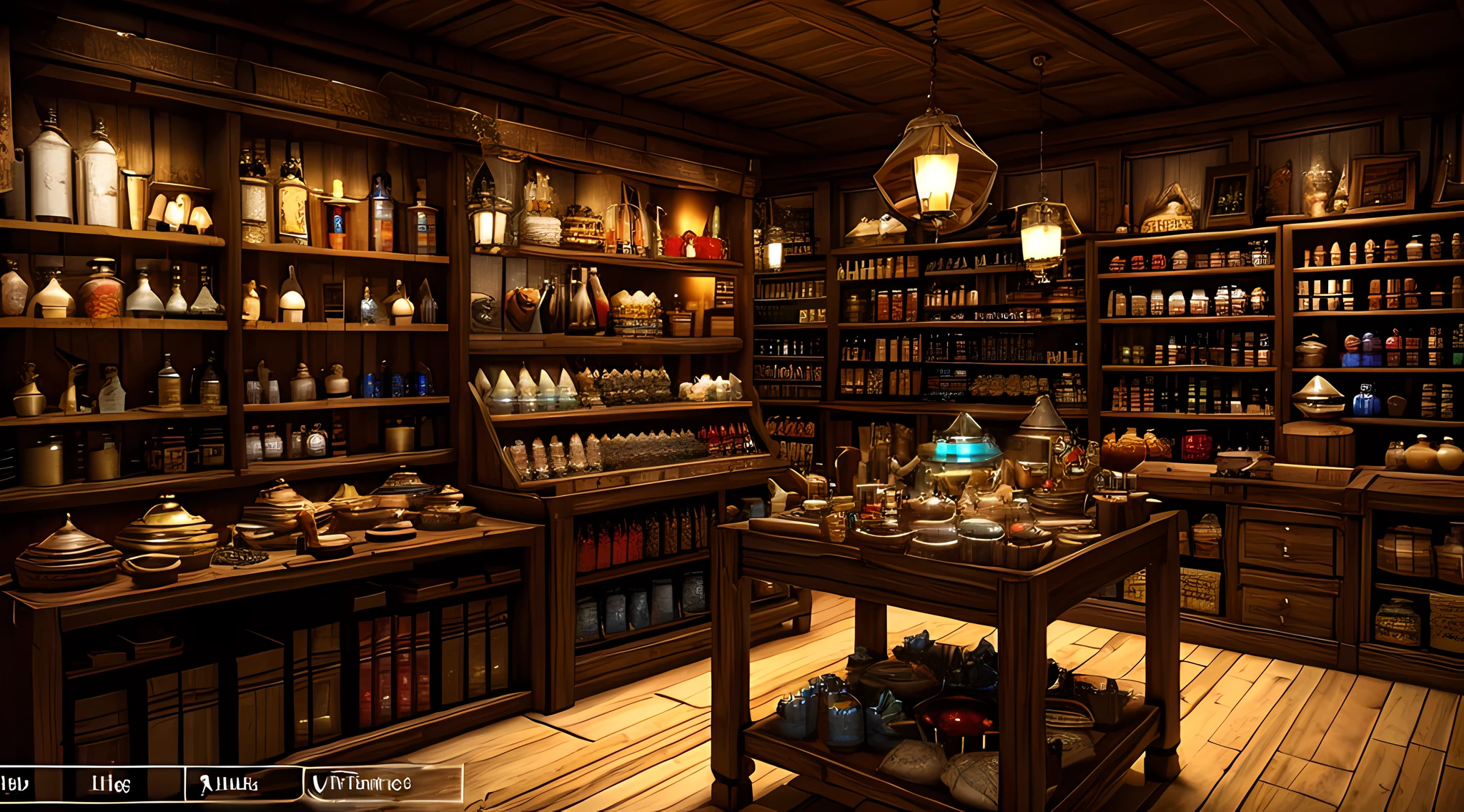 Diablo 4 style，Realistic 3A game effects，Unreal Engine effects，medieval times，Magician&#39;s shop interior，Don’t place items too densely on the shelves，handicraft，treasures，Magic potions，Pedras preciosas，A little perspective，structurally correct，highly accurate，tmasterpiece，High- sharpness，