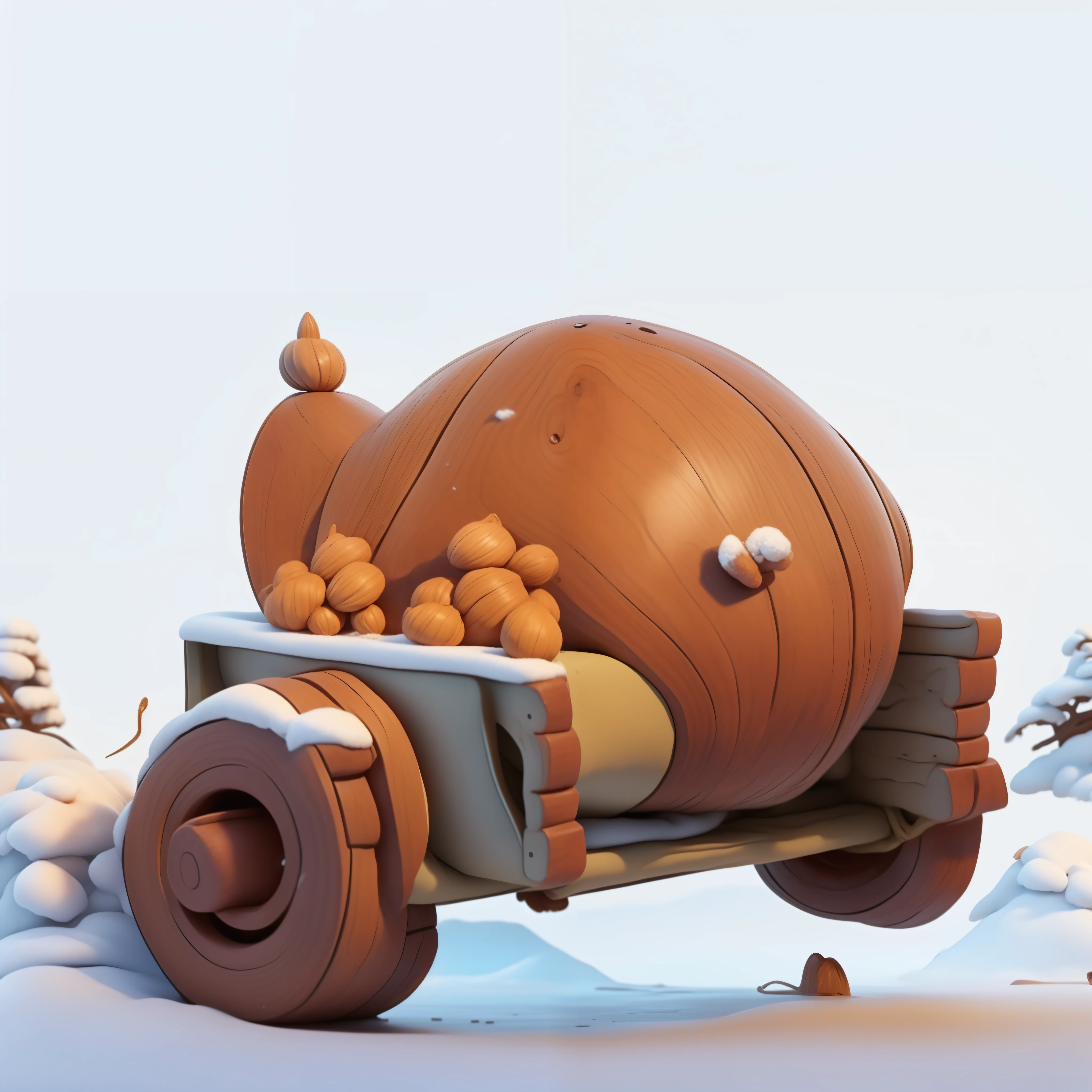 in the snow，small wooden cart with food，Turkey and hazelnuts on wooden cart