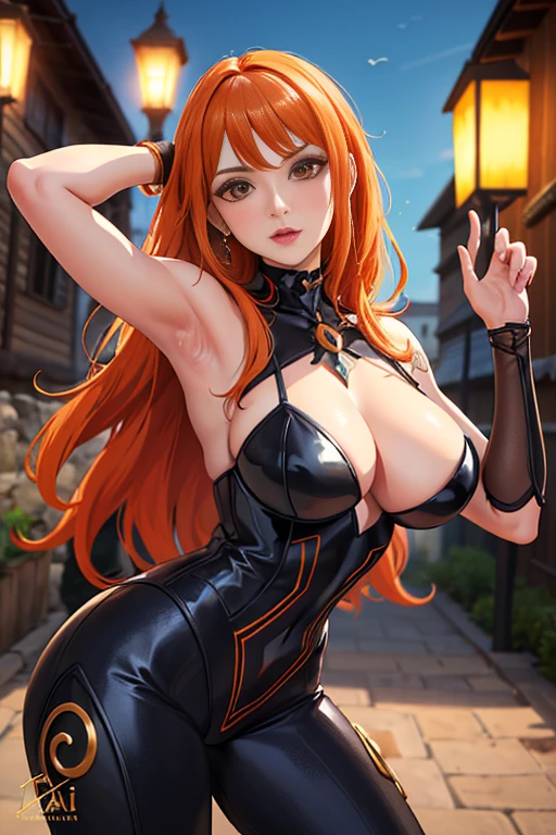 (((masterpiece+best quality+high resolution+ultra-detailed))), 1girl com clima-tato, Nami, longos cabelos laranja sedosos, nariz alto, olhos afiados, noble and inviolable temperament, (([feminino]: 1.2 + [beleza]: 1.2 + cabelo longo laranja: 1.2)), (vestindo a mulher-aranha_Cosplay_traje:1.1), in front of a sky, 
good hand,4k, alta resolução, master part, best quality, Head:1.3,((Fotografia Hasselblad)), pele finamente detalhada, foco nítido, (Cinematic lighting), Noite, soft lighting, Dynamic angle, [:(Rosto detalhado:1.2):0.2], medium breasts, Outside, whole body view, Standing, provocative position, seios grandes.