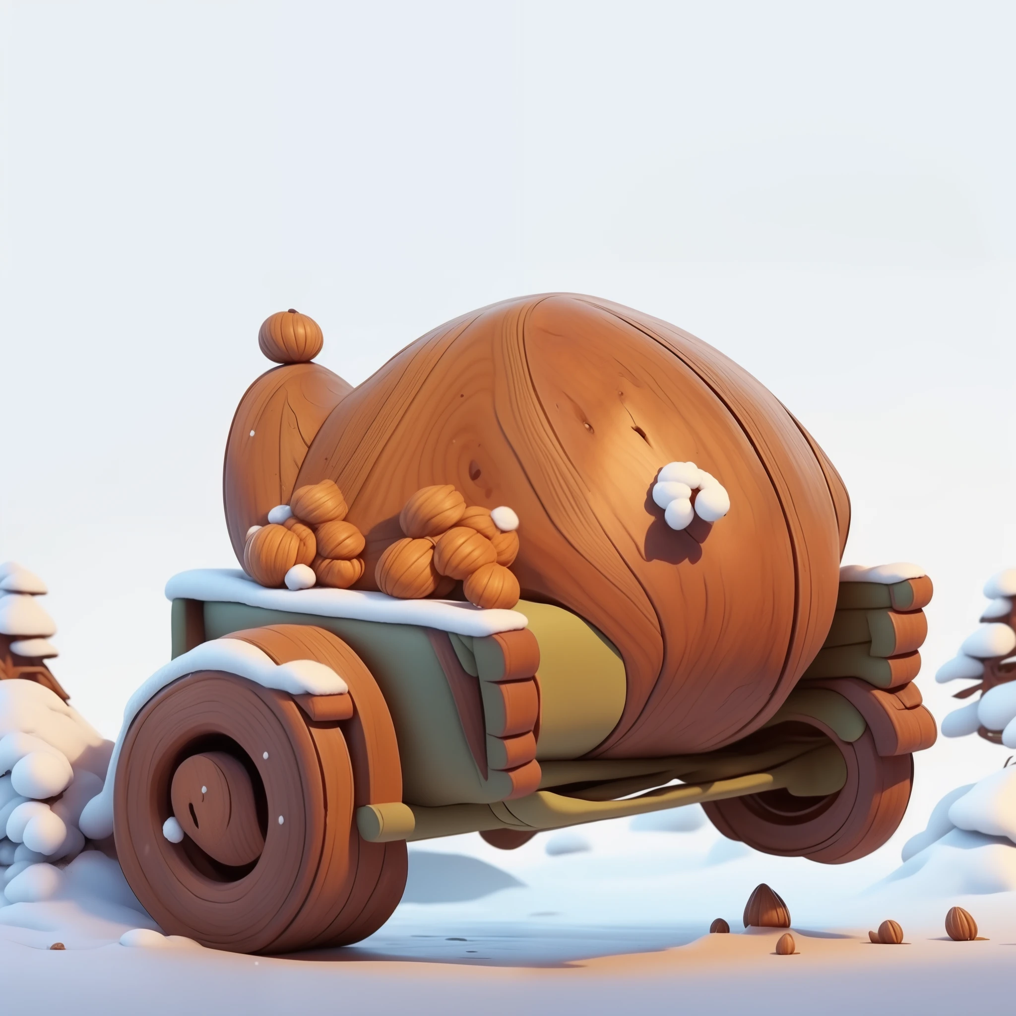 in the snow,small wooden cart with food,Turkey and hazelnuts on wooden cart