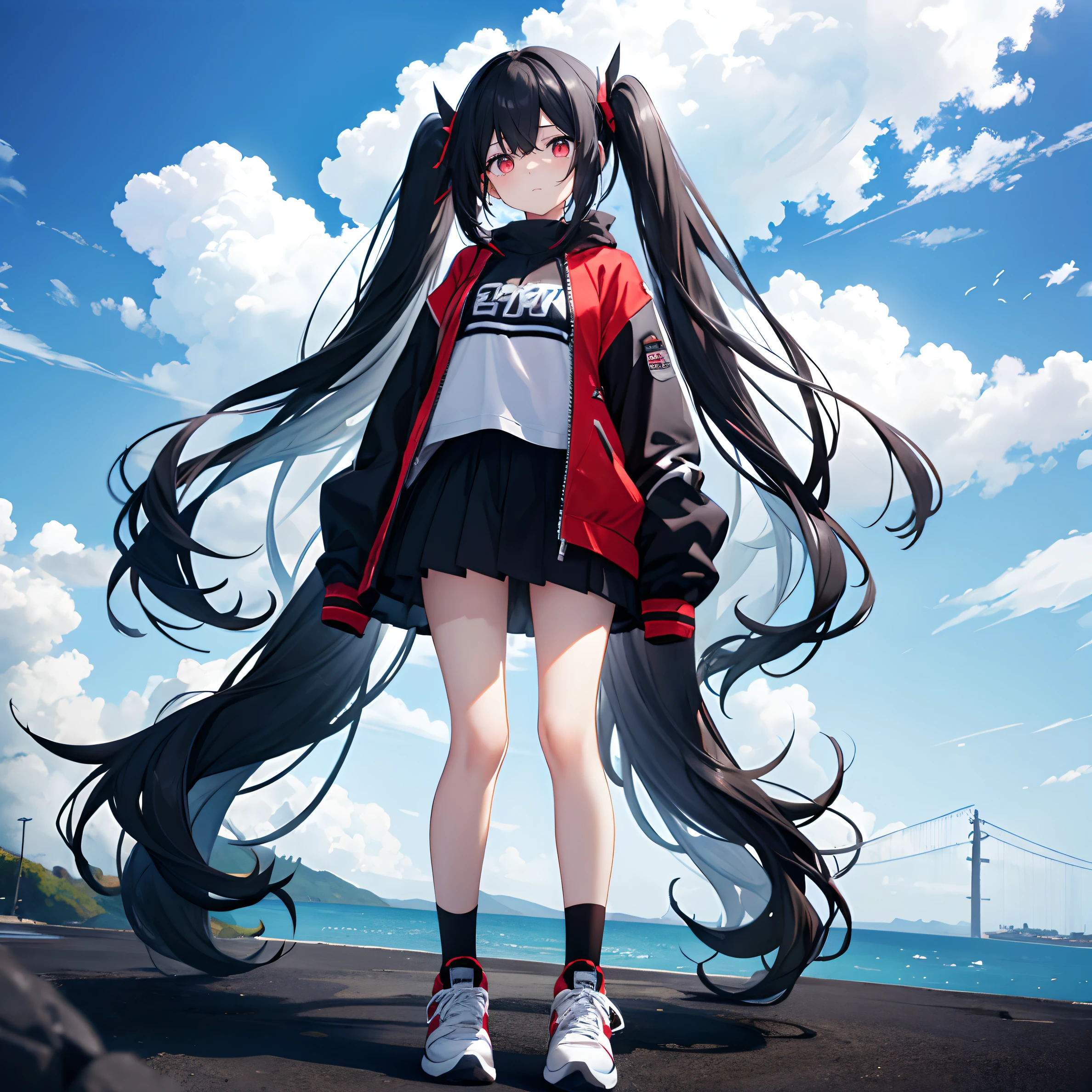 Black color hair，long whitr hair，By bangs，high twintail，Red eyes，teens girl，clever，Young，flatchest，White extra-long short sleeves，Wear sneakers on your feet，All body，Standing motion，Don't show your arms，The background is the port，with blue sky and white clouds，Be red in the face，The expression is shy