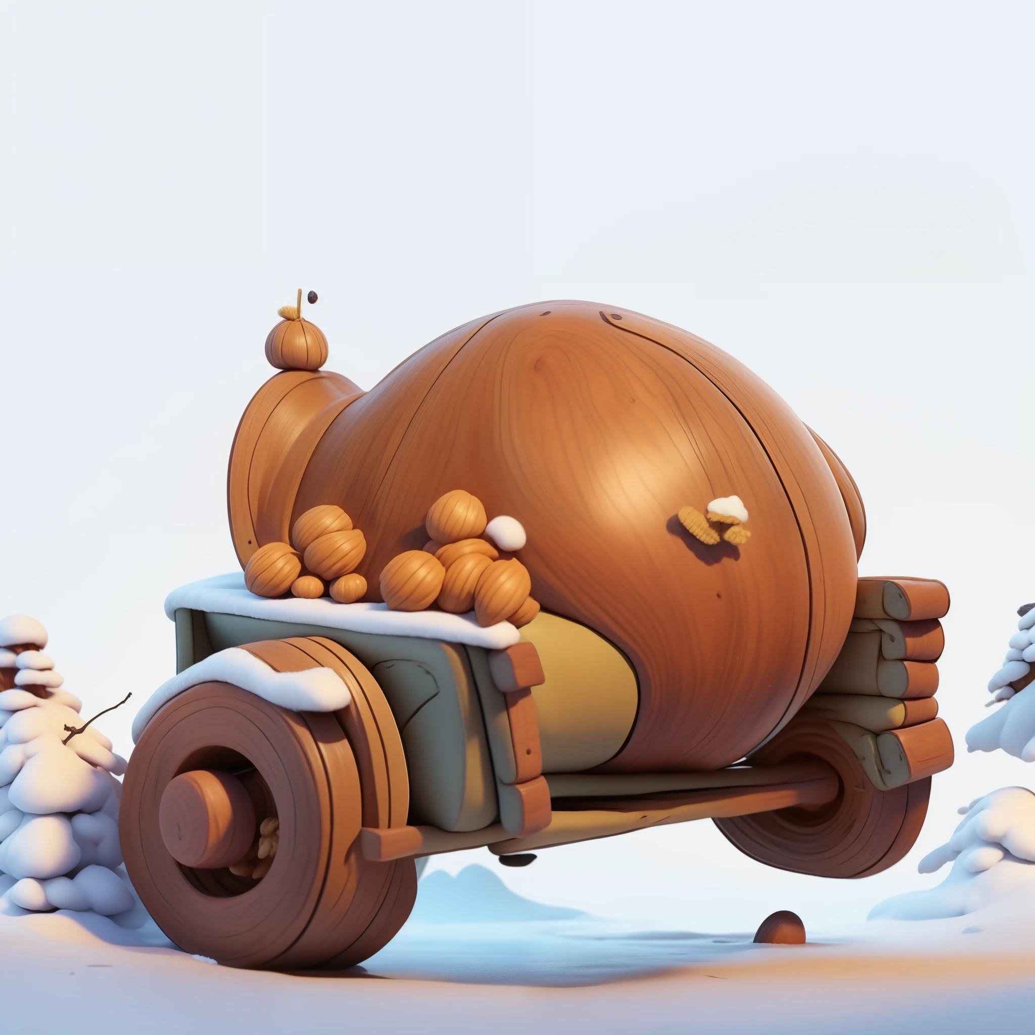 in the snow,small wooden cart with food,Turkey and hazelnuts on wooden cart